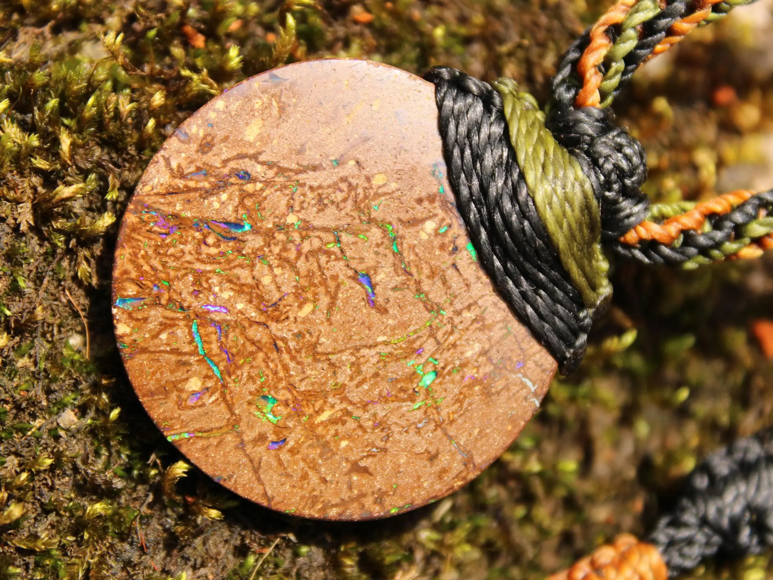 Australian matrix boulder opal necklace,Australian made handwoven tropical cord natural jewelry, Australian opal pendant, October birthstone