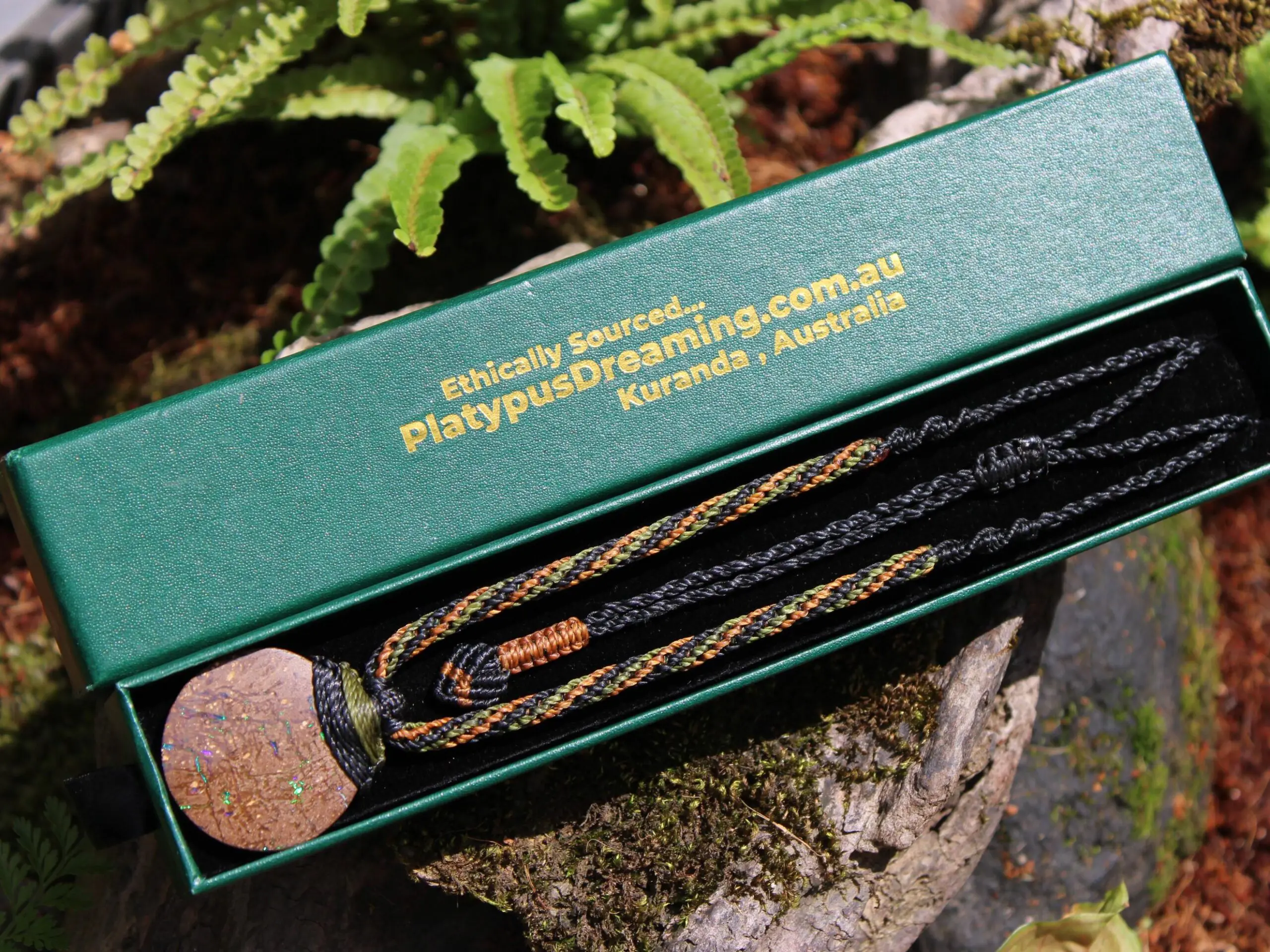 Australian matrix boulder opal necklace,Australian made handwoven tropical cord natural jewelry, Australian opal pendant, October birthstone