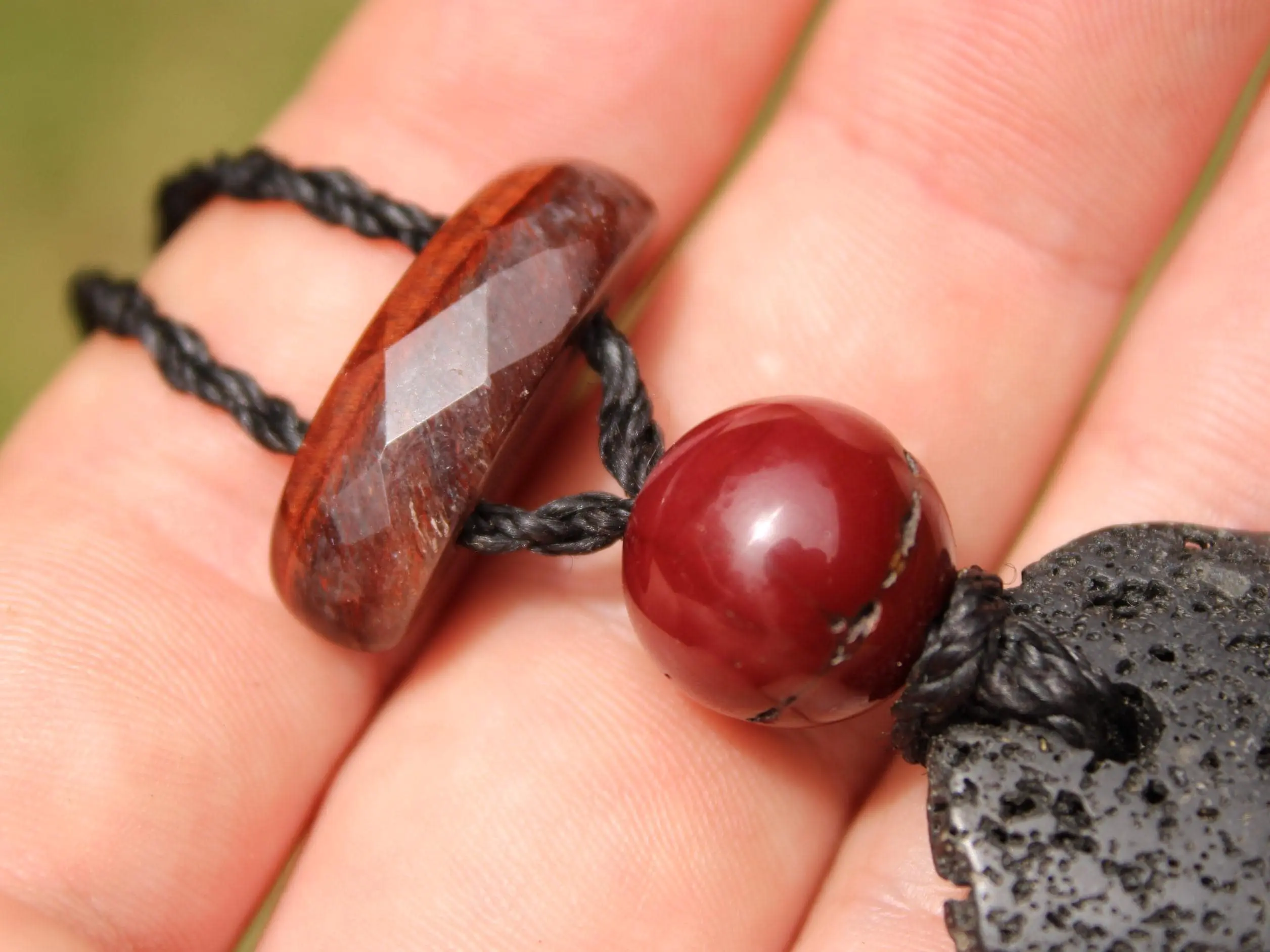 Australian Mookaite Necklace, Lava Rock Tiger Eye Talisman, Tribal Crystal Pendant, Australian Handmade Handwoven Tropical Cord Jewelry