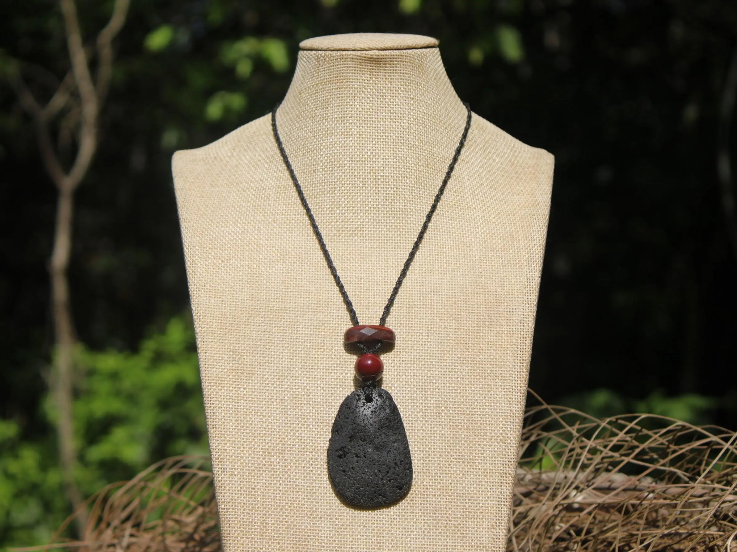 Australian Mookaite Necklace, Lava Rock Tiger Eye Talisman, Tribal Crystal Pendant, Australian Handmade Handwoven Tropical Cord Jewelry