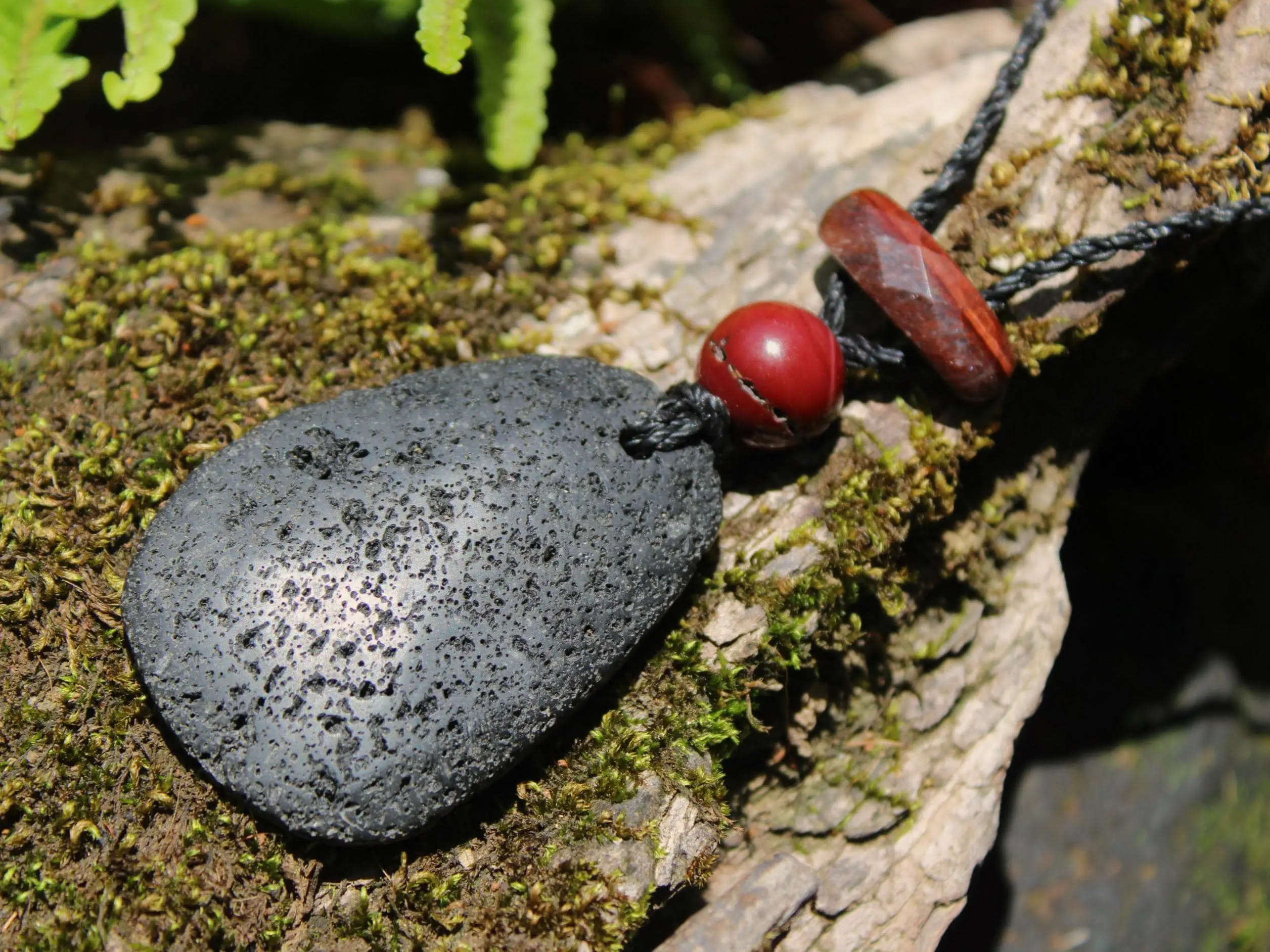 Australian Mookaite Necklace, Lava Rock Tiger Eye Talisman, Tribal Crystal Pendant, Australian Handmade Handwoven Tropical Cord Jewelry