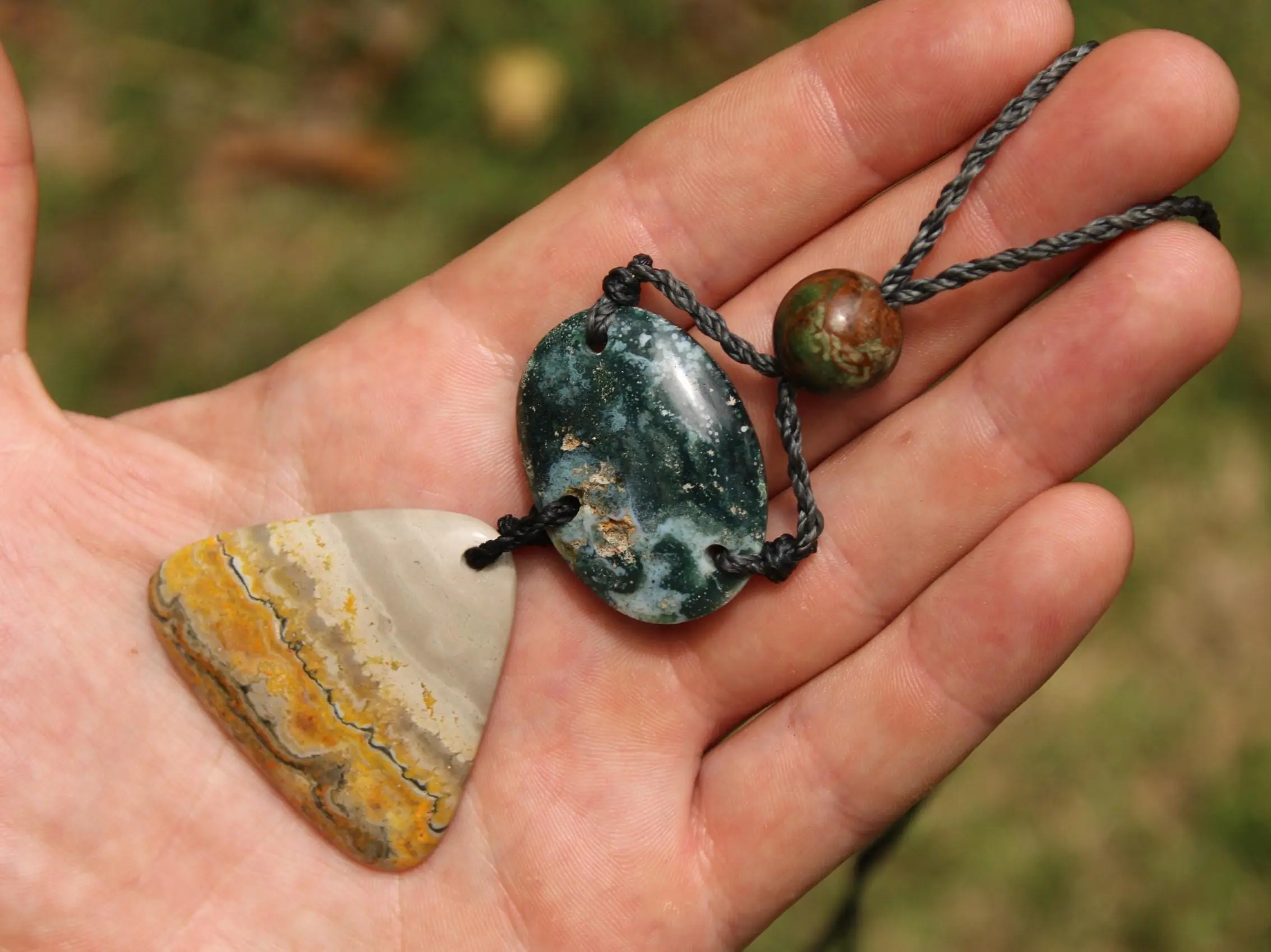 Australian Rainforest Jasper Necklace, Ocean Jasper Eclipse Stone Talisman, Crystal Pendant , Australian Handmade, Handwoven Tropical Cord