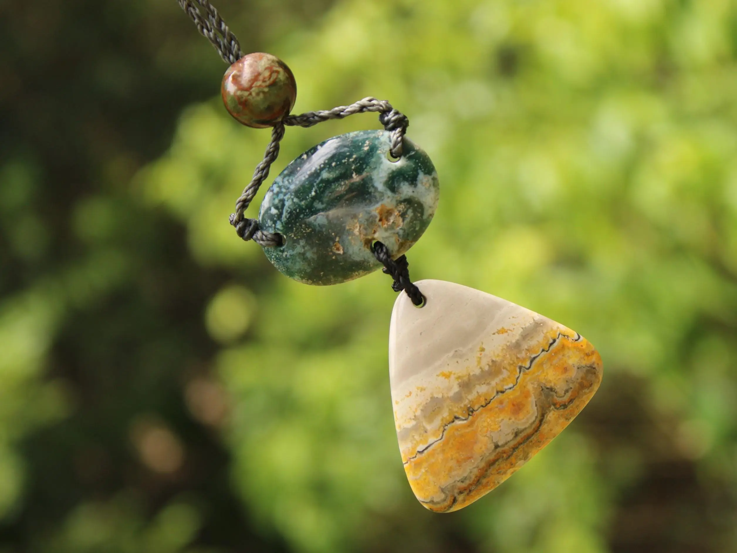 Australian Rainforest Jasper Necklace, Ocean Jasper Eclipse Stone Talisman, Crystal Pendant , Australian Handmade, Handwoven Tropical Cord