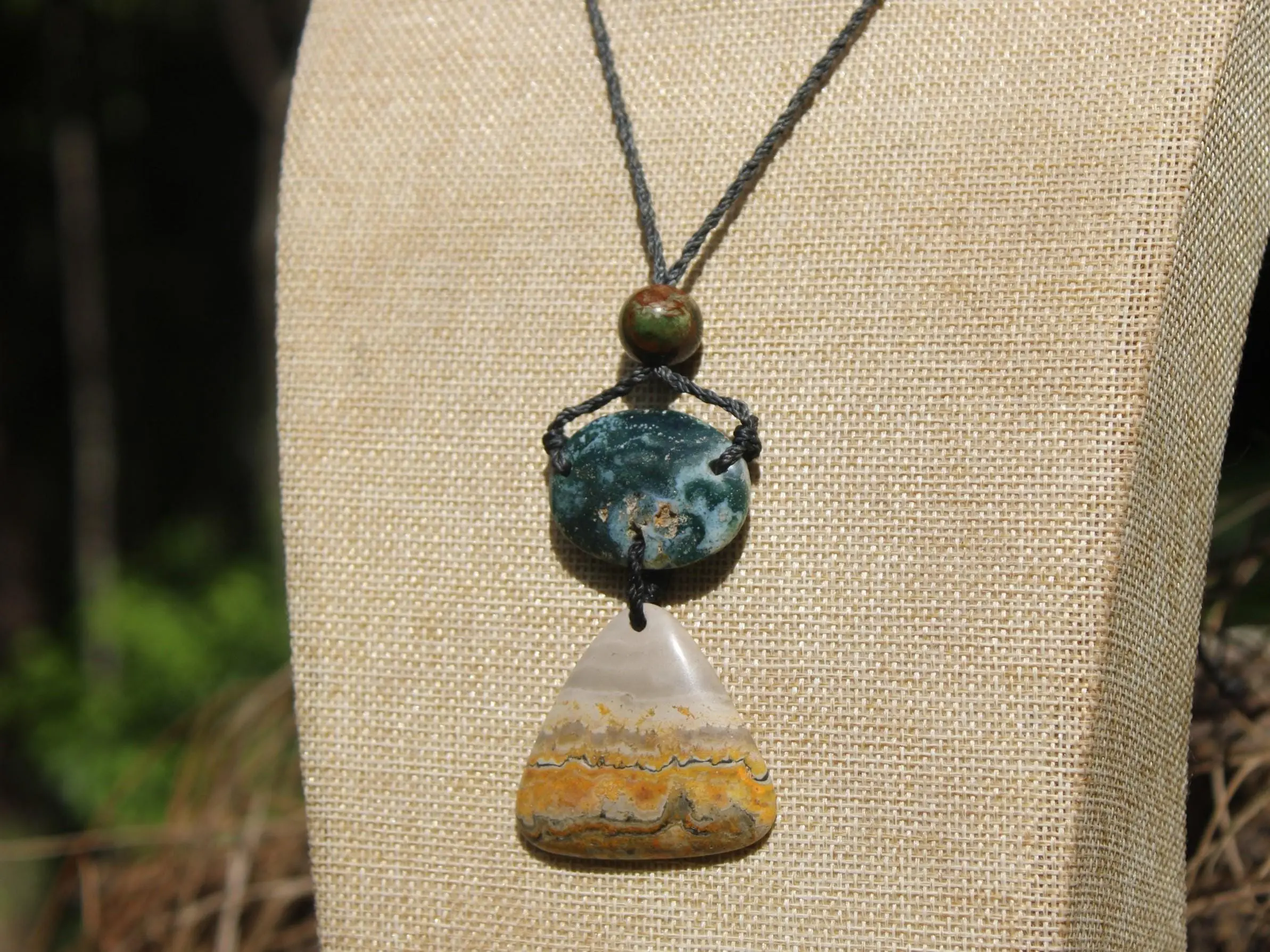 Australian Rainforest Jasper Necklace, Ocean Jasper Eclipse Stone Talisman, Crystal Pendant , Australian Handmade, Handwoven Tropical Cord