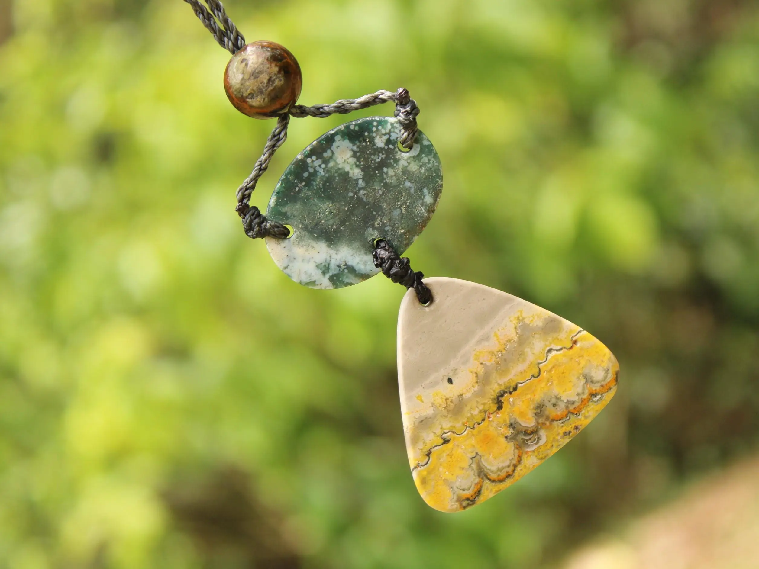 Australian Rainforest Jasper Necklace, Ocean Jasper Eclipse Stone Talisman, Crystal Pendant , Australian Handmade, Handwoven Tropical Cord