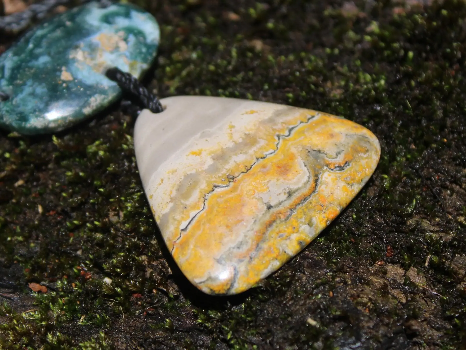 Australian Rainforest Jasper Necklace, Ocean Jasper Eclipse Stone Talisman, Crystal Pendant , Australian Handmade, Handwoven Tropical Cord