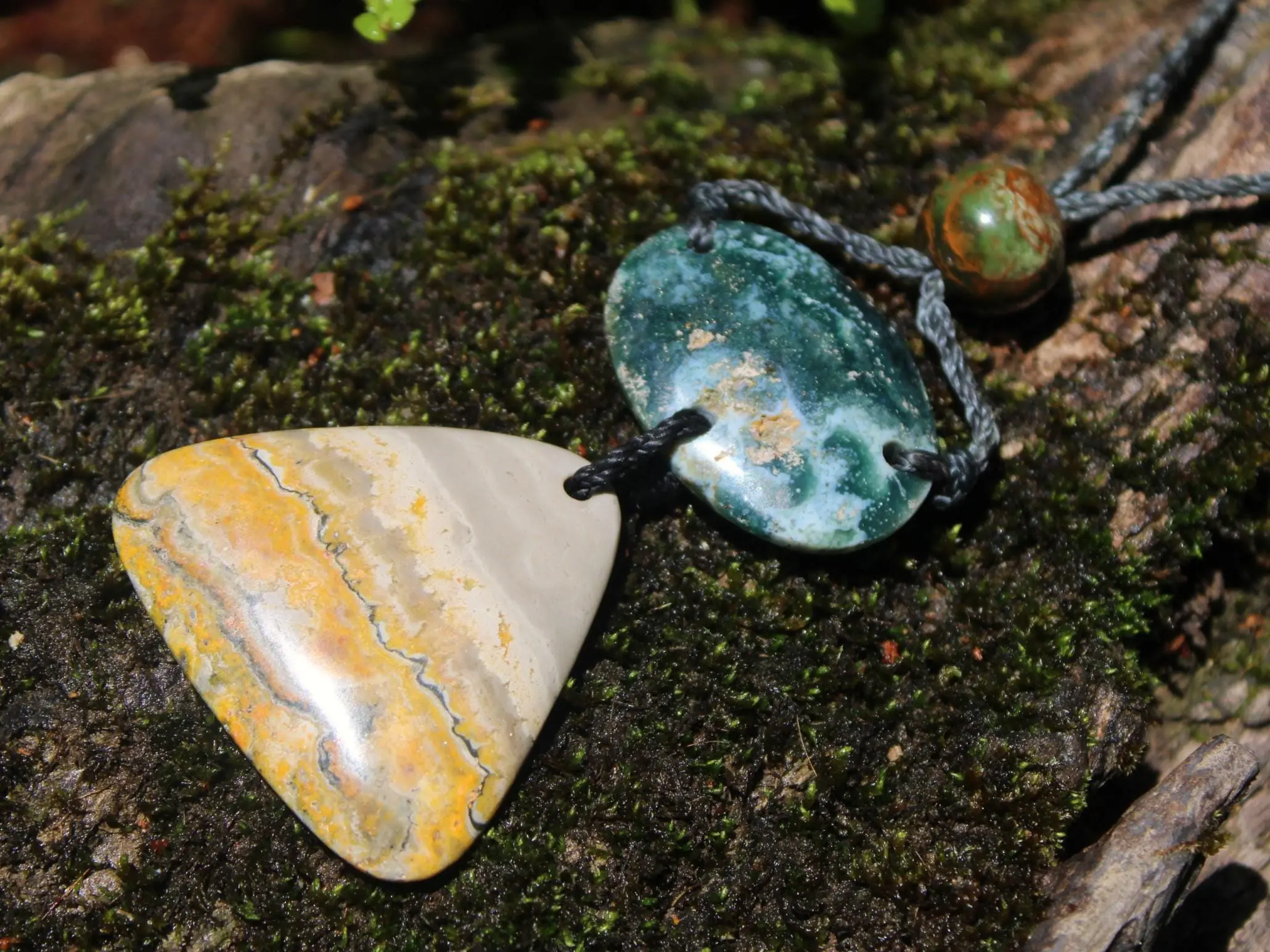 Australian Rainforest Jasper Necklace, Ocean Jasper Eclipse Stone Talisman, Crystal Pendant , Australian Handmade, Handwoven Tropical Cord