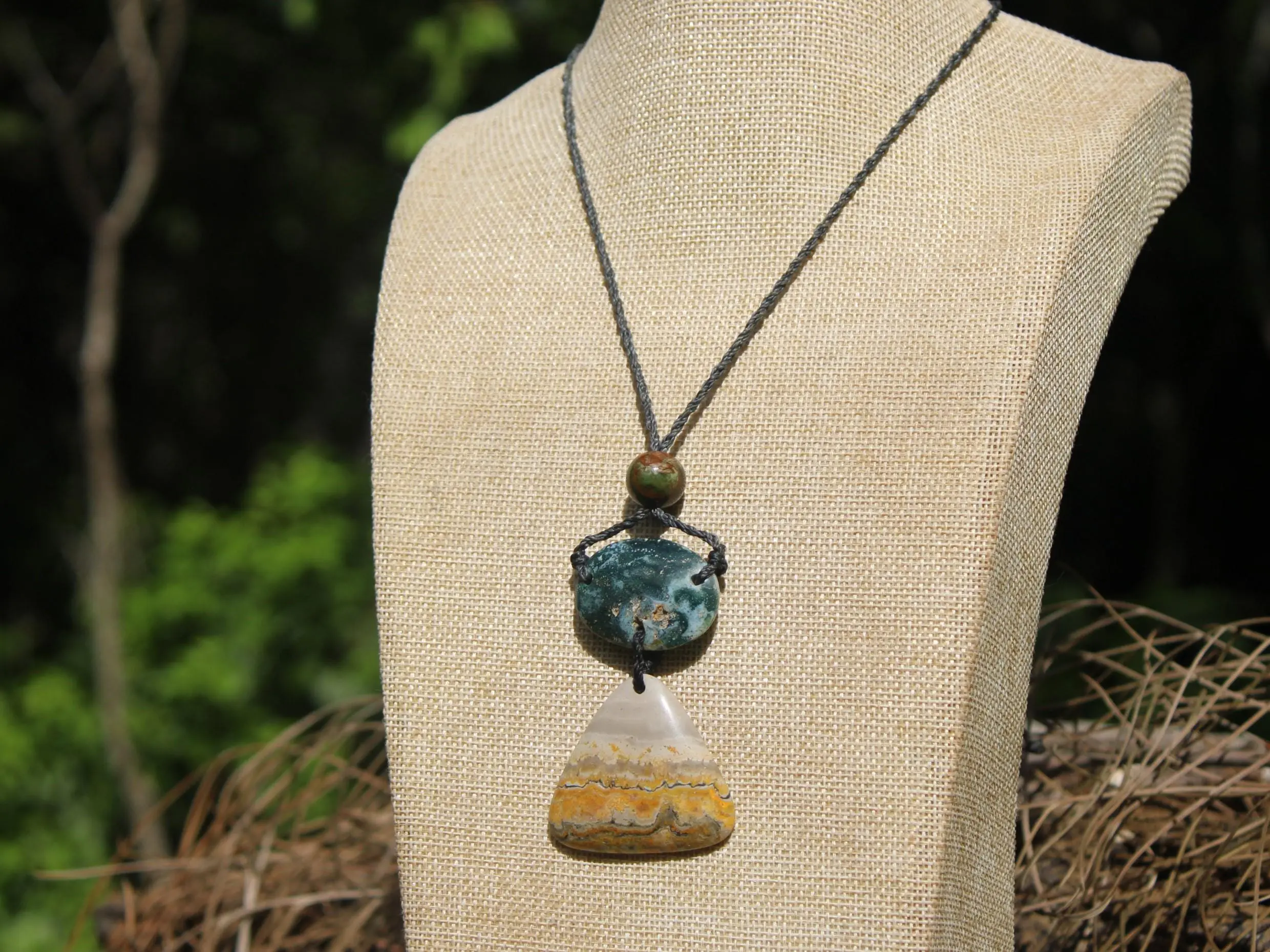 Australian Rainforest Jasper Necklace, Ocean Jasper Eclipse Stone Talisman, Crystal Pendant , Australian Handmade, Handwoven Tropical Cord