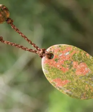 Rhyolite Unakite Necklace • Rainforest Jasper Talisman • Tribal Crystal Pendant • Australian Handmade • Handwoven Tropical Cord