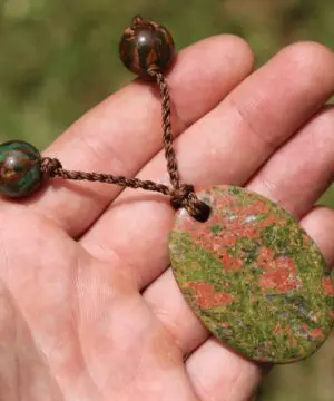 Rhyolite Unakite Necklace • Rainforest Jasper Talisman • Tribal Crystal Pendant • Australian Handmade • Handwoven Tropical Cord