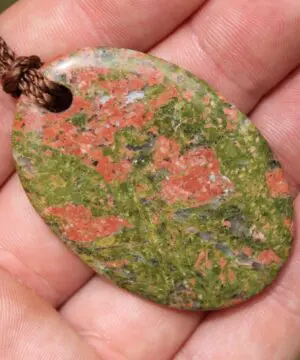 Rhyolite Unakite Necklace • Rainforest Jasper Talisman • Tribal Crystal Pendant • Australian Handmade • Handwoven Tropical Cord
