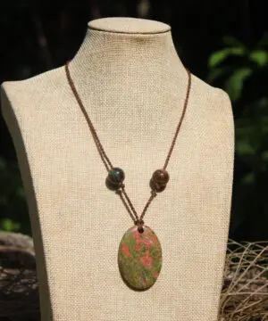 Rhyolite Unakite Necklace • Rainforest Jasper Talisman • Tribal Crystal Pendant • Australian Handmade • Handwoven Tropical Cord