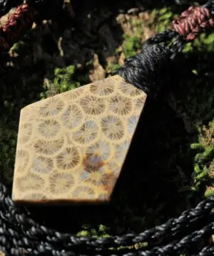 Cooktown Fossil Agate Coral Necklace talisman, One-of-a-Kind Crystal Talisman, Australian Handmade handwoven Waxed Tropical Cord Pendant