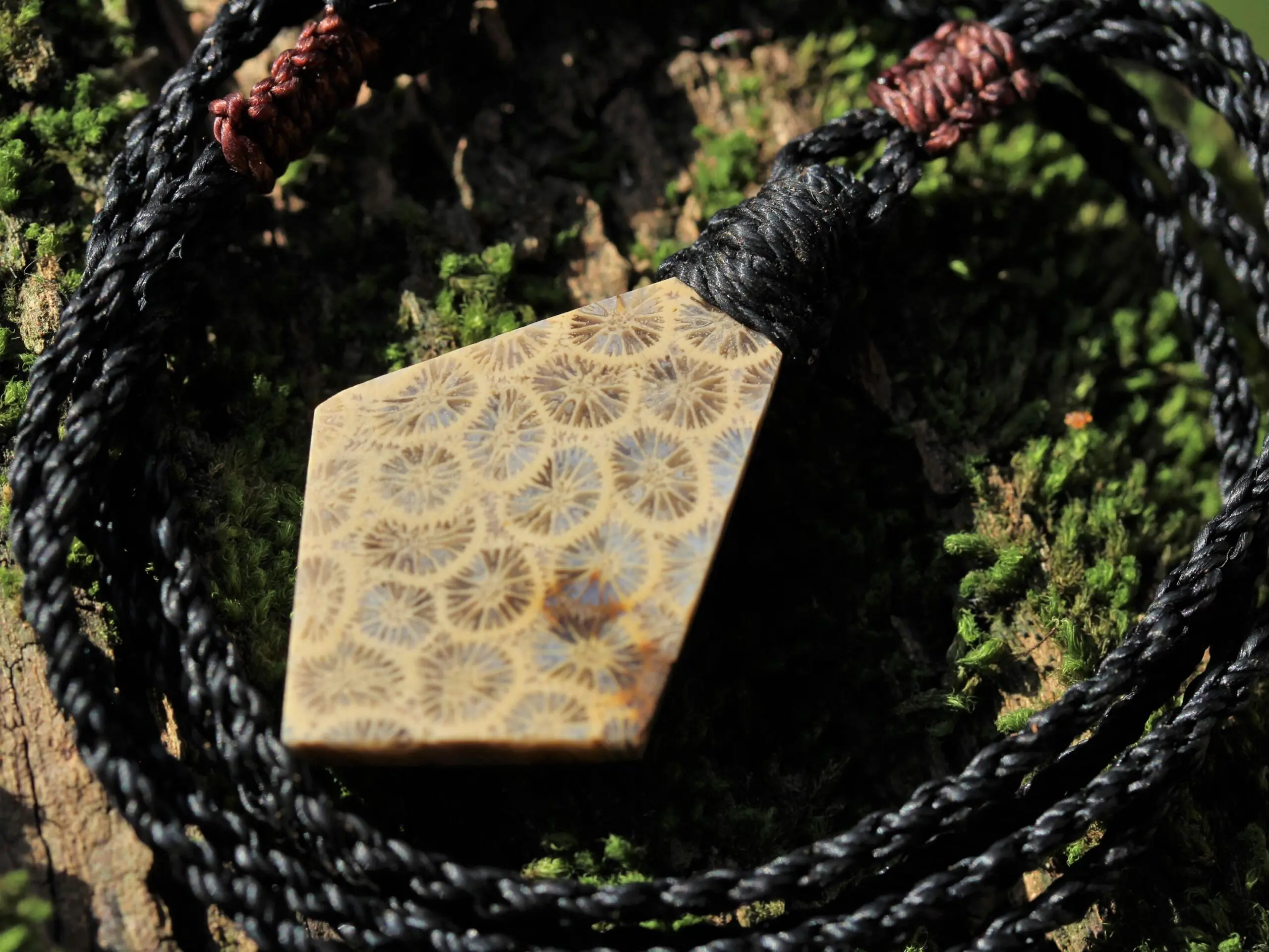 Cooktown Fossil Agate Coral Necklace talisman, One-of-a-Kind Crystal Talisman, Australian Handmade handwoven Waxed Tropical Cord Pendant