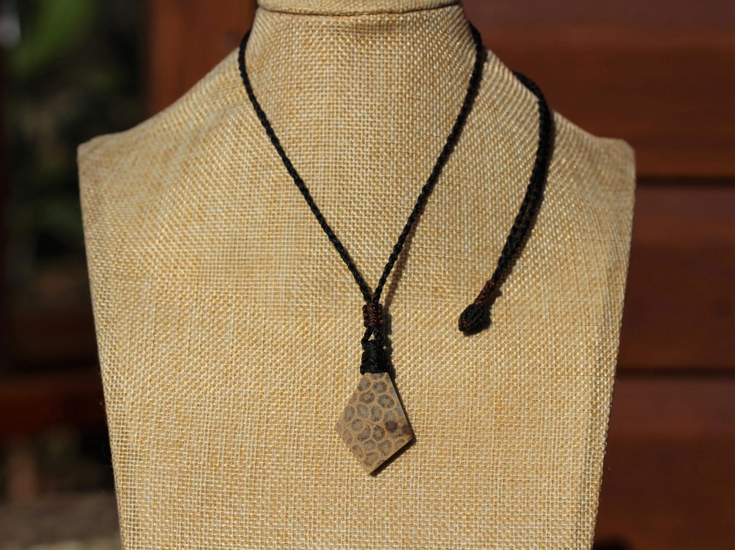 Cooktown Fossil Agate Coral Necklace talisman, One-of-a-Kind Crystal Talisman, Australian Handmade handwoven Waxed Tropical Cord Pendant