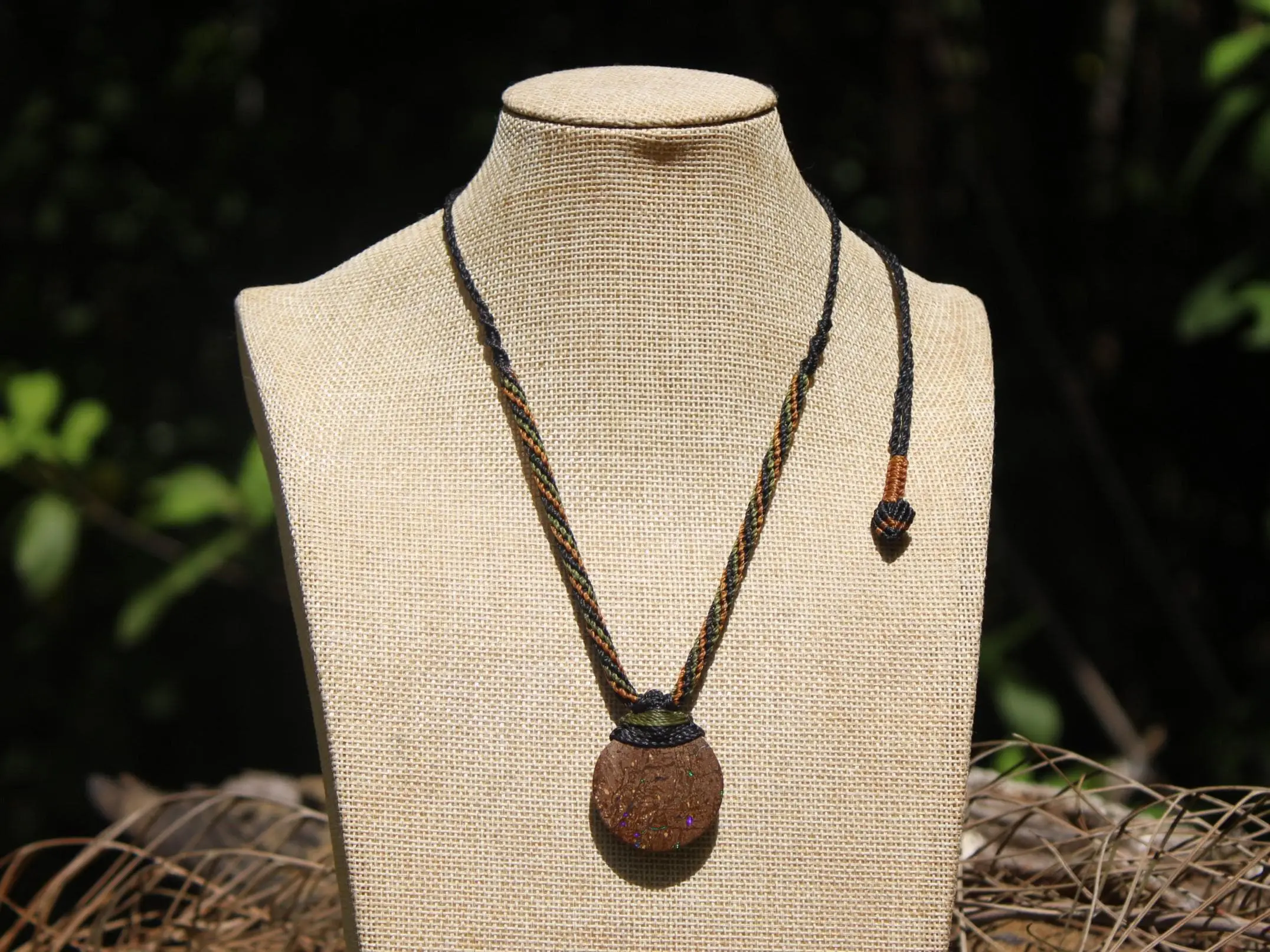 Australian matrix boulder opal necklace,Australian made handwoven tropical cord natural jewelry, Australian opal pendant, October birthstone