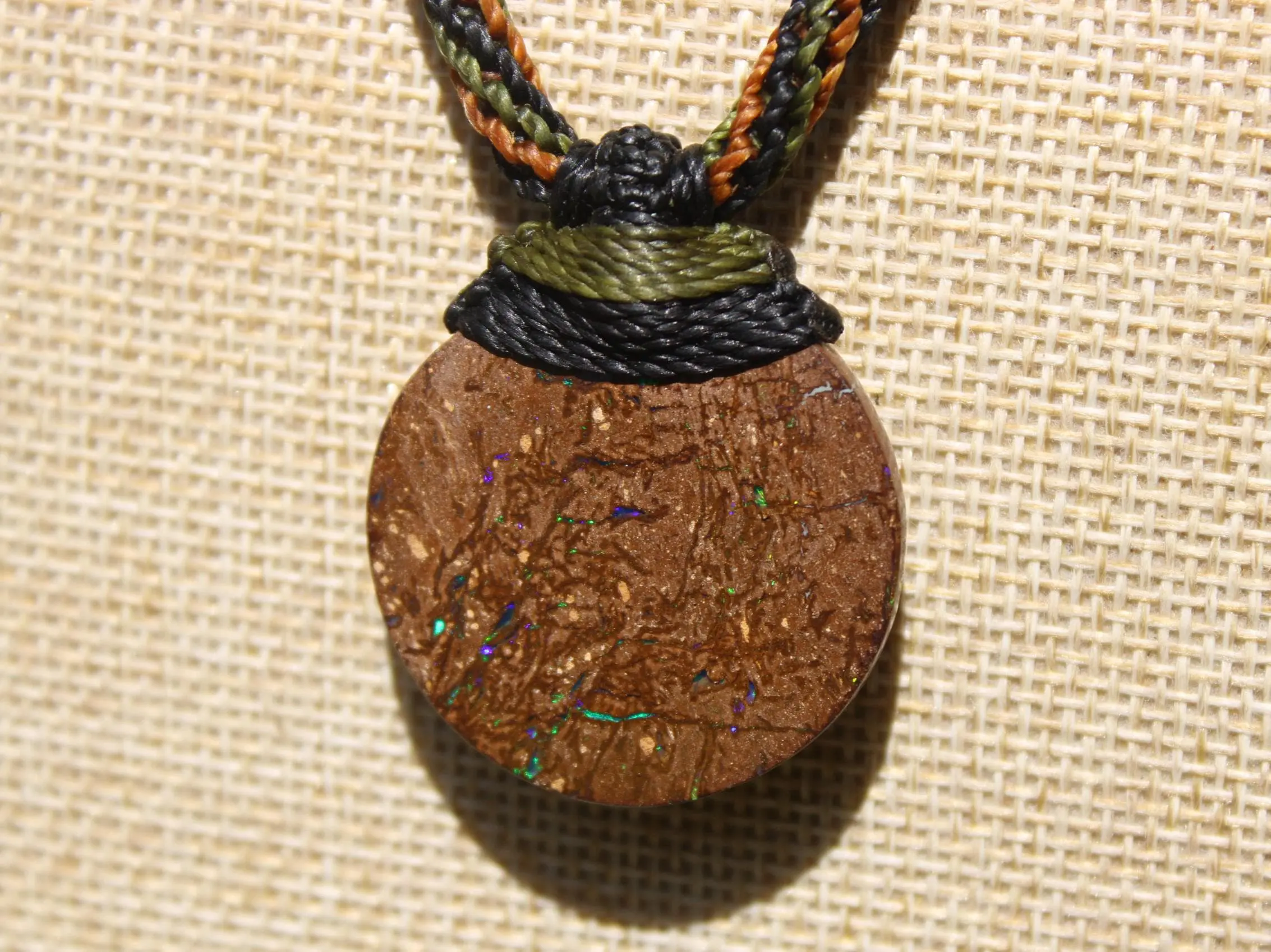 Australian matrix boulder opal necklace,Australian made handwoven tropical cord natural jewelry, Australian opal pendant, October birthstone