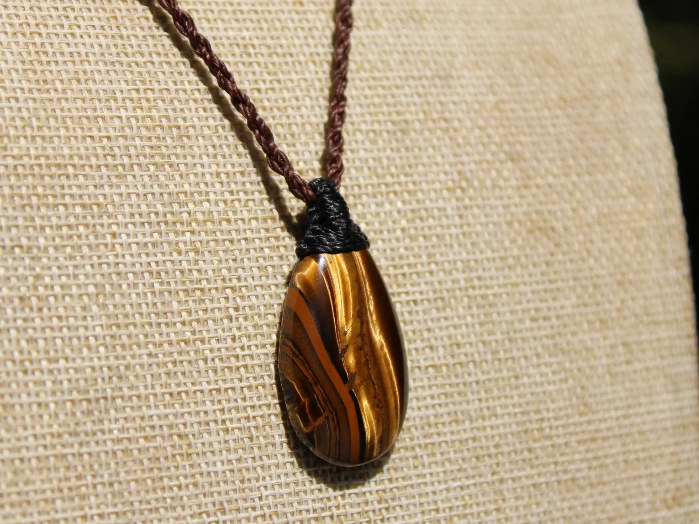 Australian Tiger Eye Pendant Necklace, Golden Tigereye, Australian made macrame cord healing jewellery, brown stone