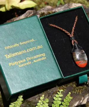 Australian Red Snakeskin Jasper Pendant ,Australian HANDMADE handwoven tropical cord, healing crystal pendant, surfer summer pendant jewelry