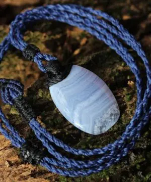 Australian Blue Lace Agate Necklace • Agate Creek Pendant • Tribal Healing Crystal Talisman • Handwoven Tropical Cord