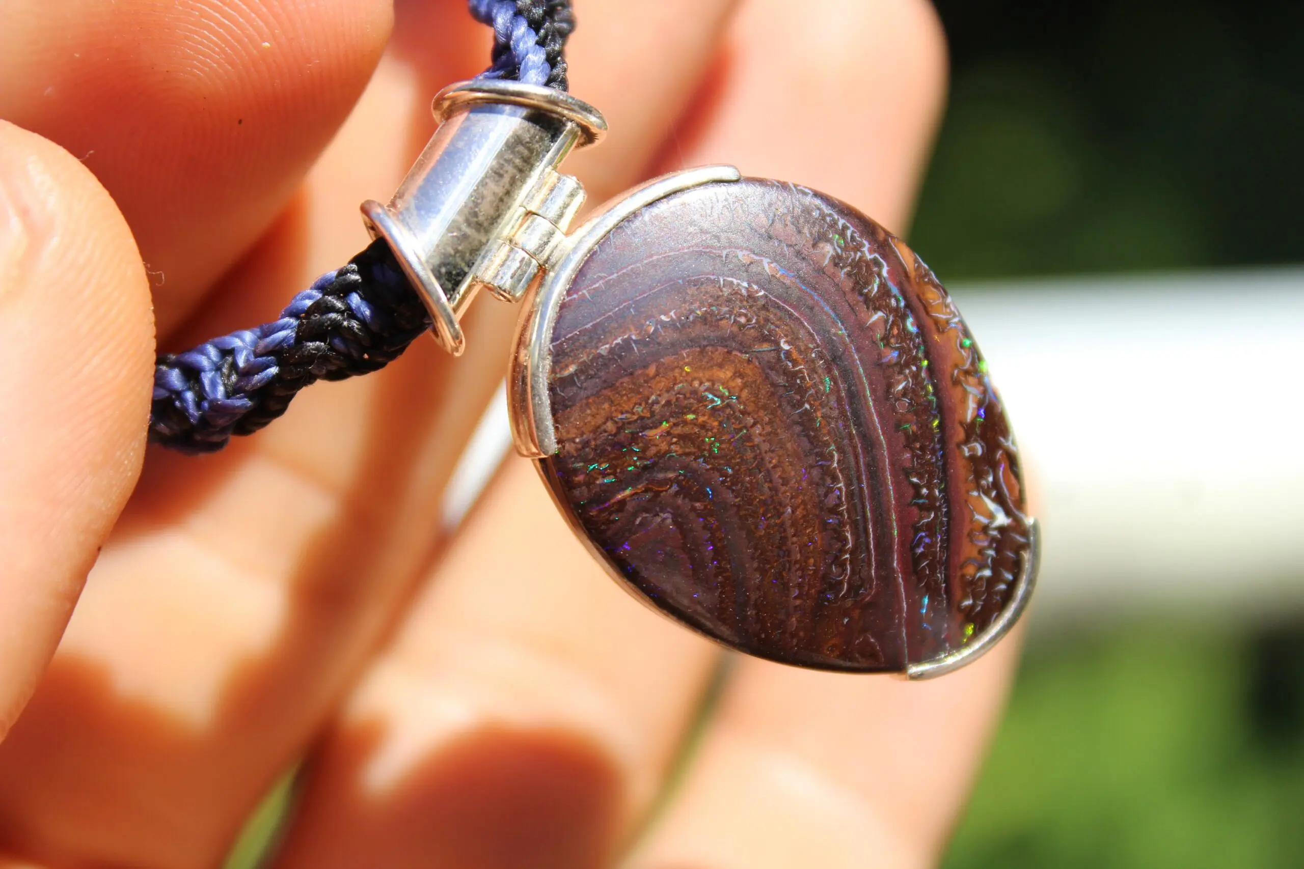 Matrix Koroit BOULDER Opal Pendant Necklace,Australian Fire Opal Jewelry,Sterling Silver Necklace,Macrame Cord, Elven Jewelry