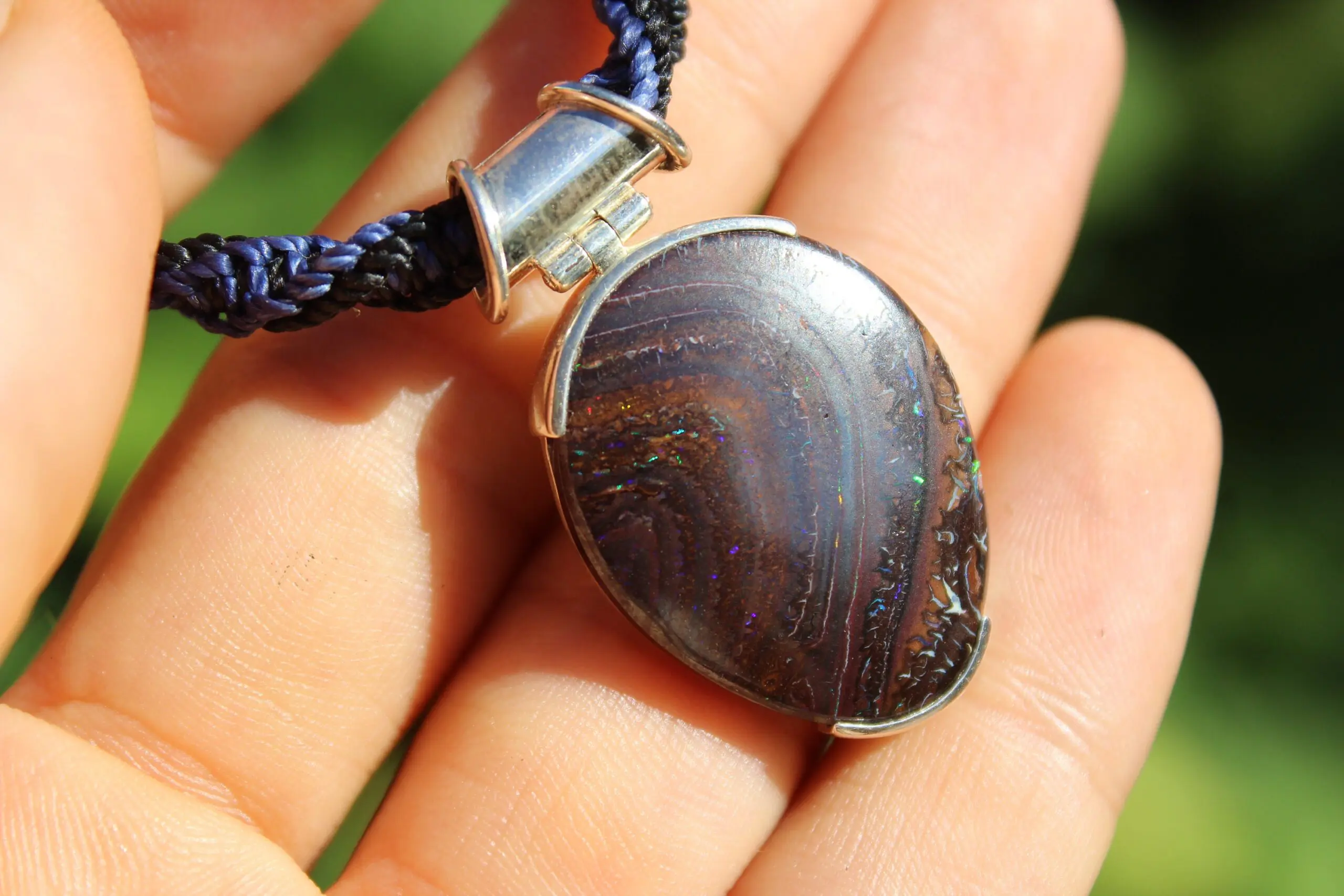 Matrix Koroit BOULDER Opal Pendant Necklace,Australian Fire Opal Jewelry,Sterling Silver Necklace,Macrame Cord, Elven Jewelry