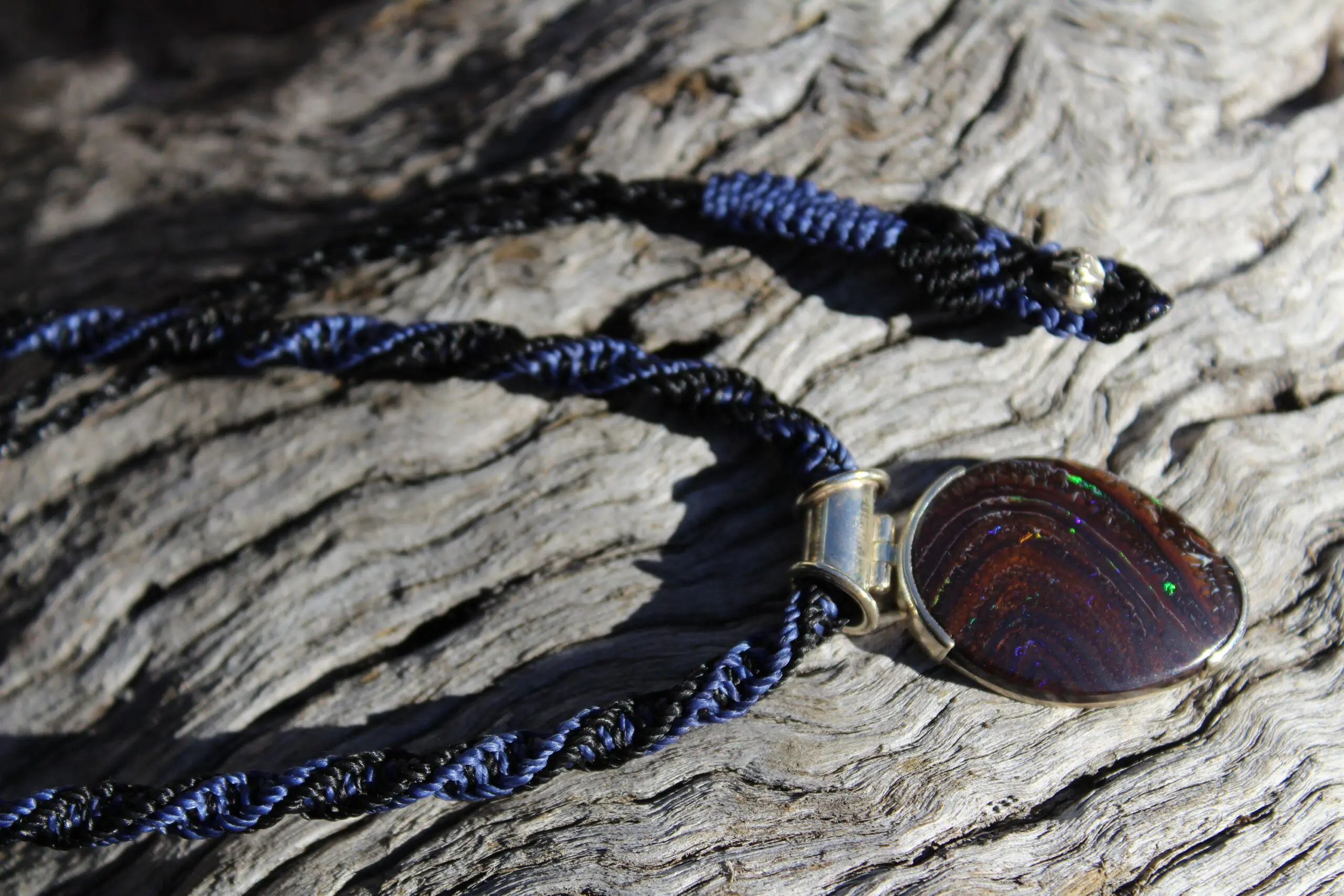 Matrix Koroit BOULDER Opal Pendant Necklace,Australian Fire Opal Jewelry,Sterling Silver Necklace,Macrame Cord, Elven Jewelry