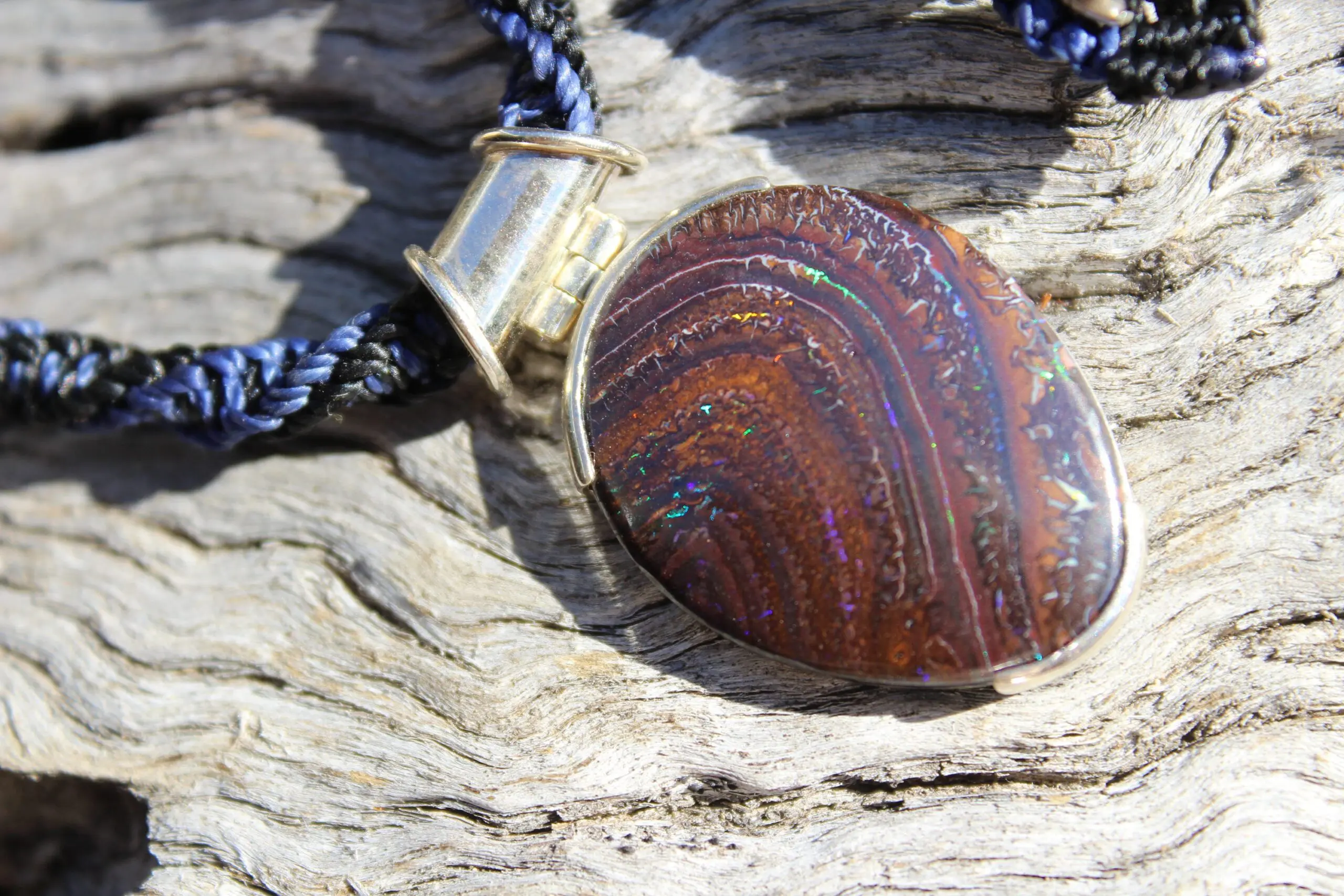 Matrix Koroit BOULDER Opal Pendant Necklace,Australian Fire Opal Jewelry,Sterling Silver Necklace,Macrame Cord, Elven Jewelry