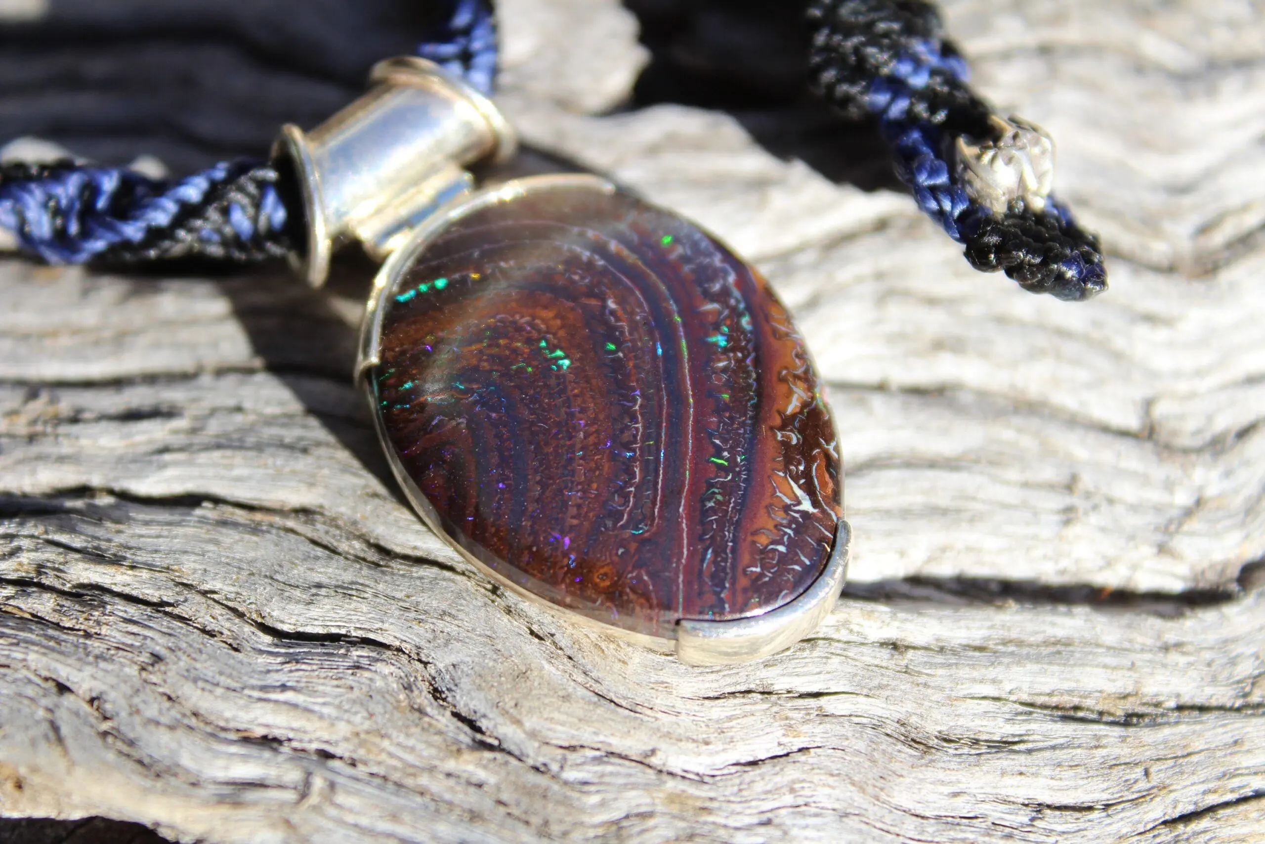Matrix Koroit BOULDER Opal Pendant Necklace,Australian Fire Opal Jewelry,Sterling Silver Necklace,Macrame Cord, Elven Jewelry