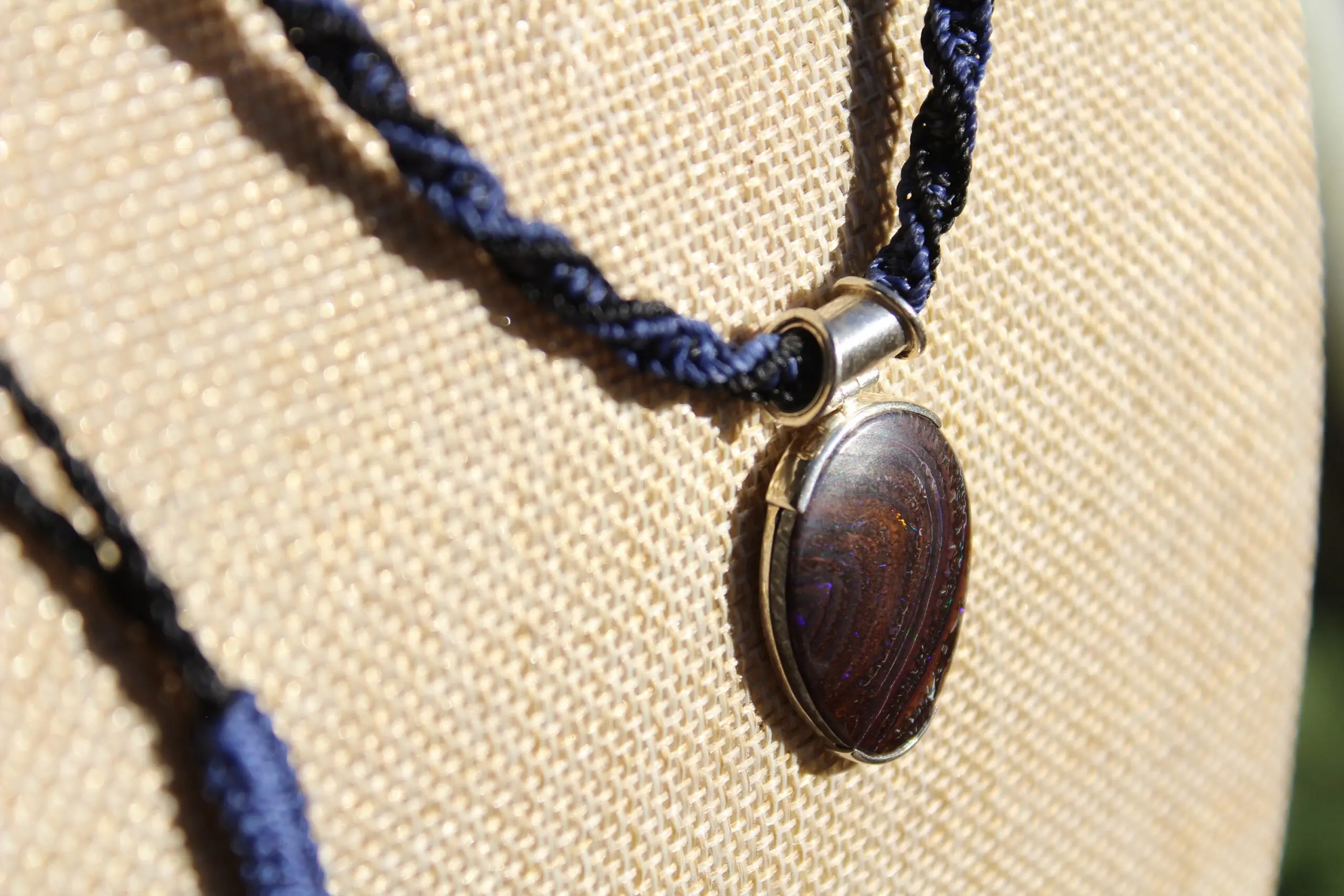 Matrix Koroit BOULDER Opal Pendant Necklace,Australian Fire Opal Jewelry,Sterling Silver Necklace,Macrame Cord, Elven Jewelry