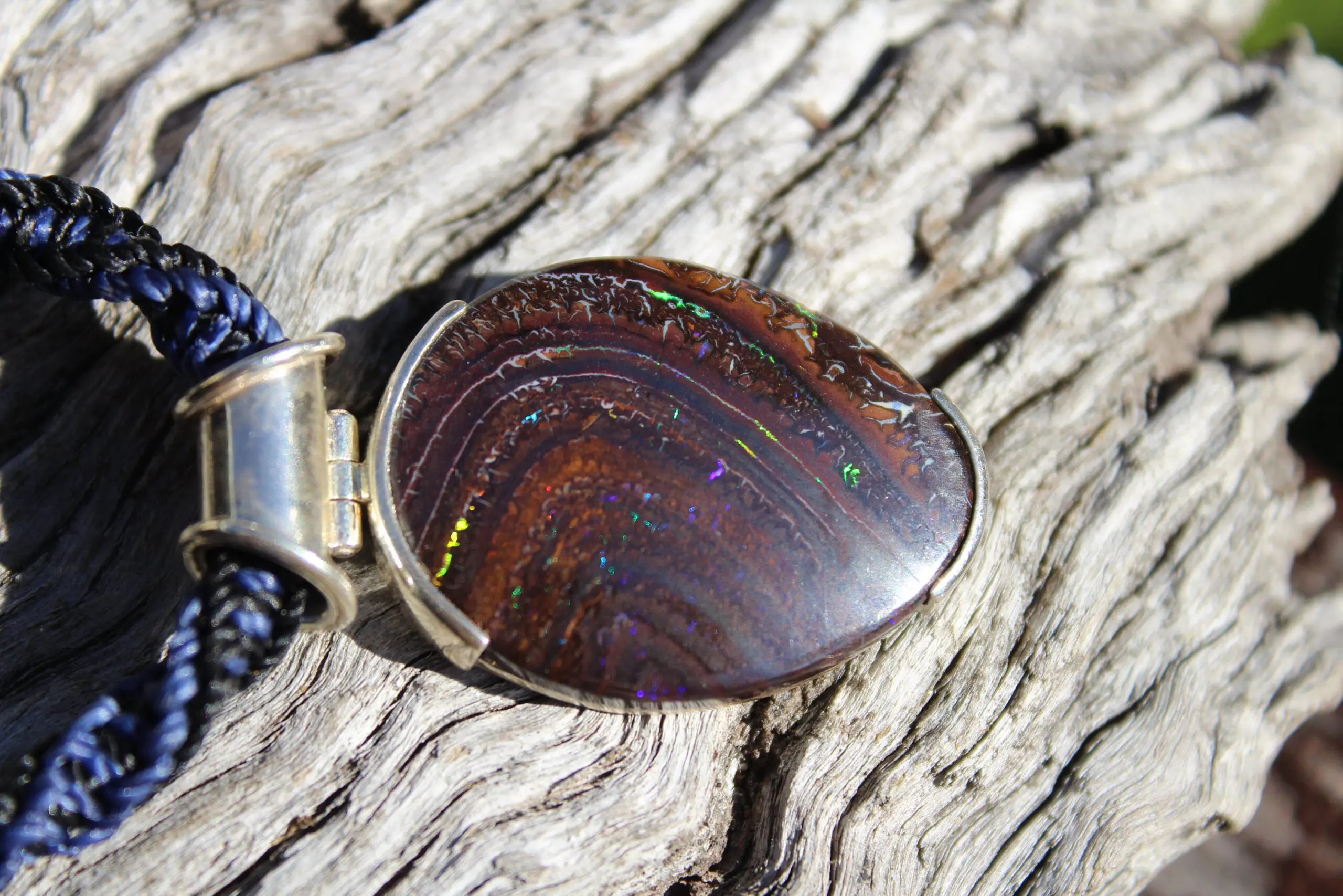 Matrix Koroit BOULDER Opal Pendant Necklace,Australian Fire Opal Jewelry,Sterling Silver Necklace,Macrame Cord, Elven Jewelry