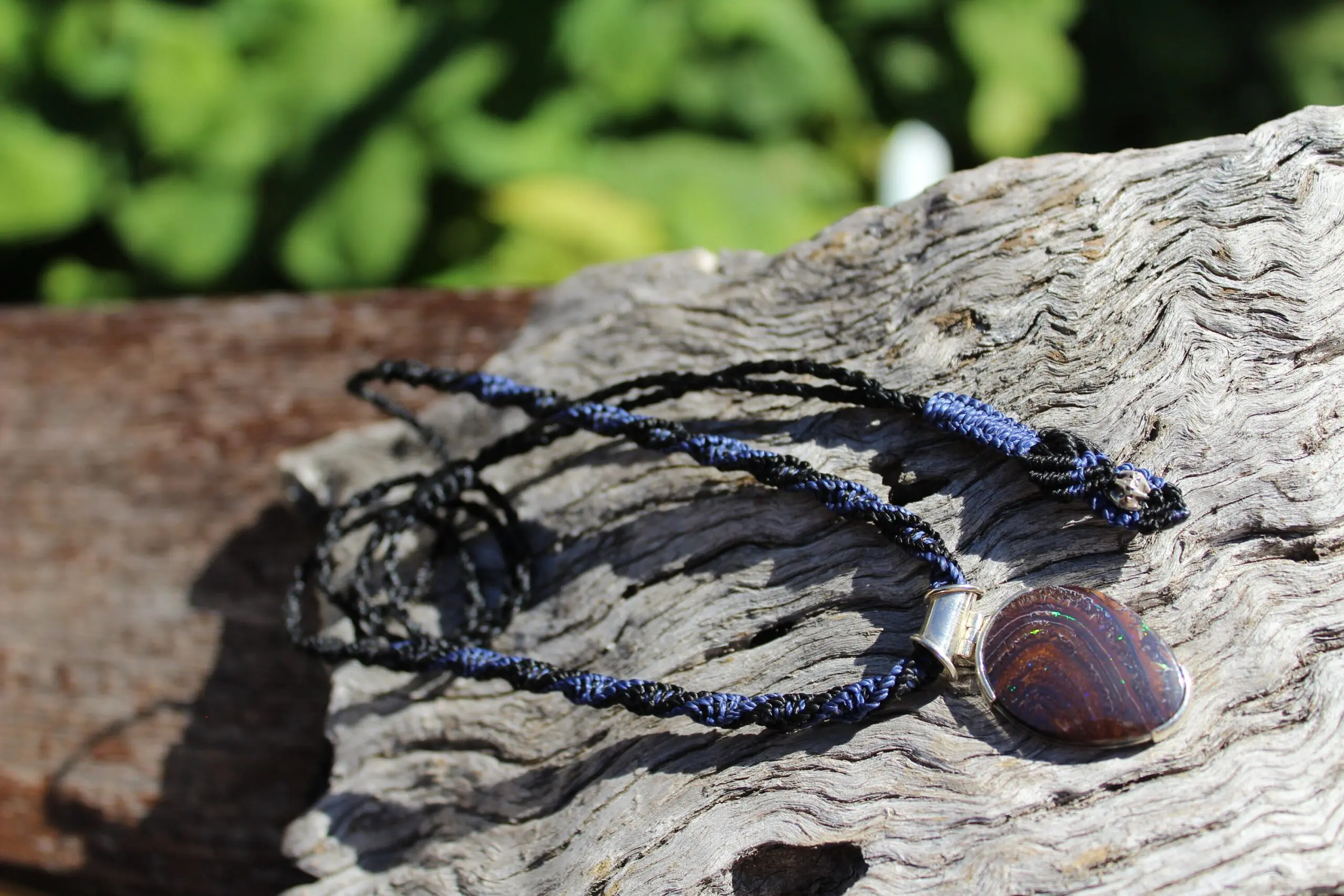 Matrix Koroit BOULDER Opal Pendant Necklace,Australian Fire Opal Jewelry,Sterling Silver Necklace,Macrame Cord, Elven Jewelry