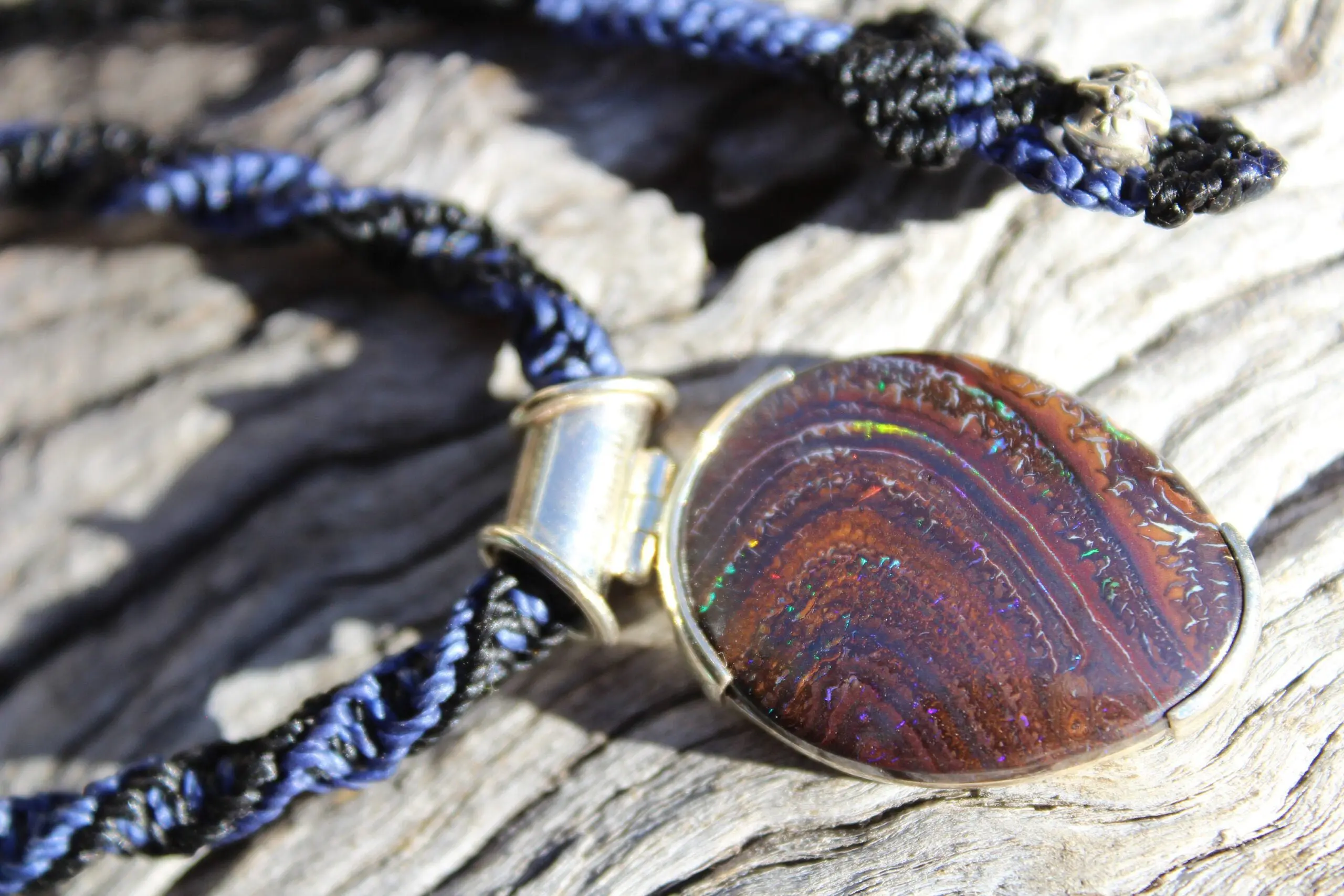 Matrix Koroit BOULDER Opal Pendant Necklace,Australian Fire Opal Jewelry,Sterling Silver Necklace,Macrame Cord, Elven Jewelry
