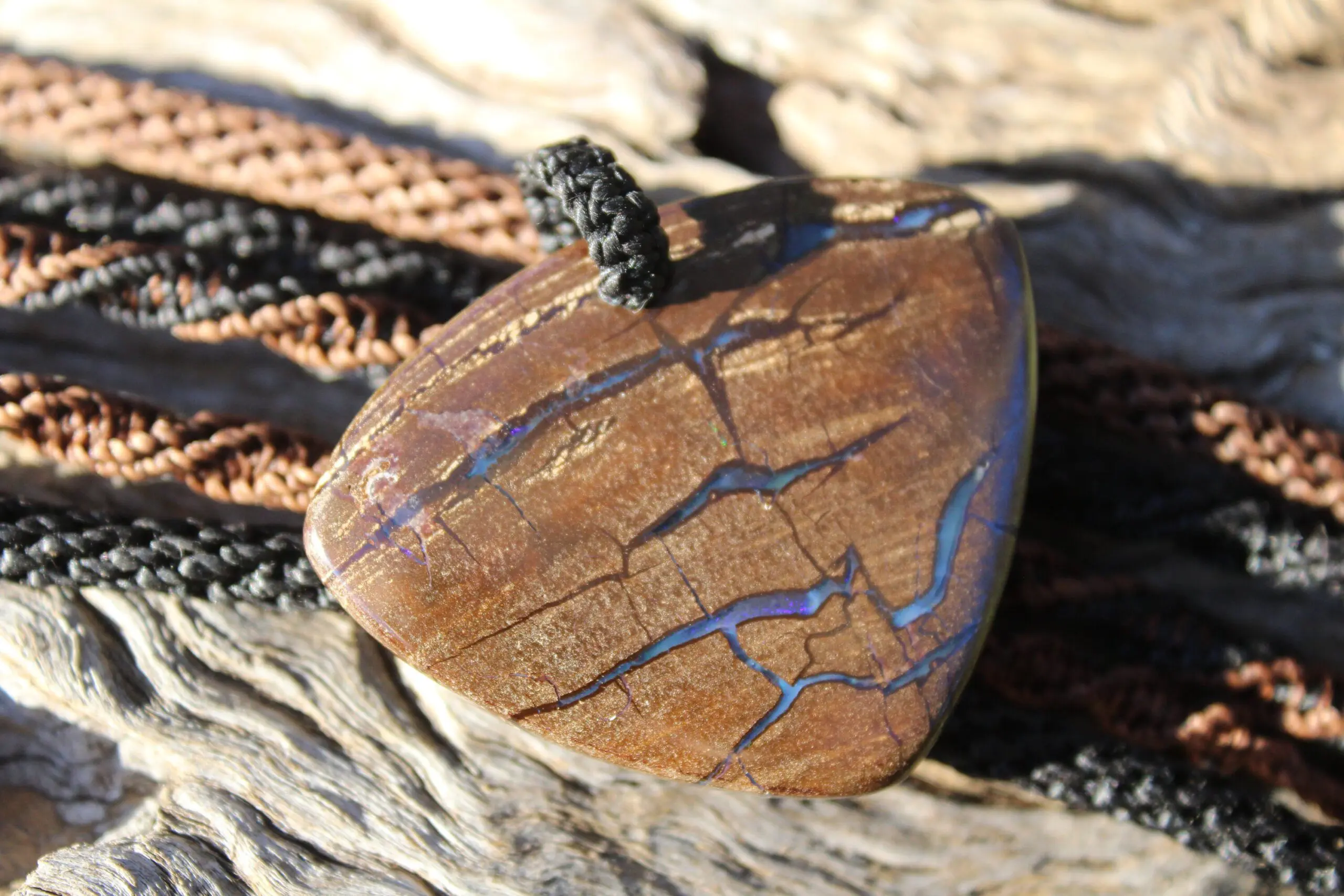 Boulder Opal Pendant. Earthy Natural Solid Opal Necklace with Macrame Cord. Custom Made Genuine Australian Opals.