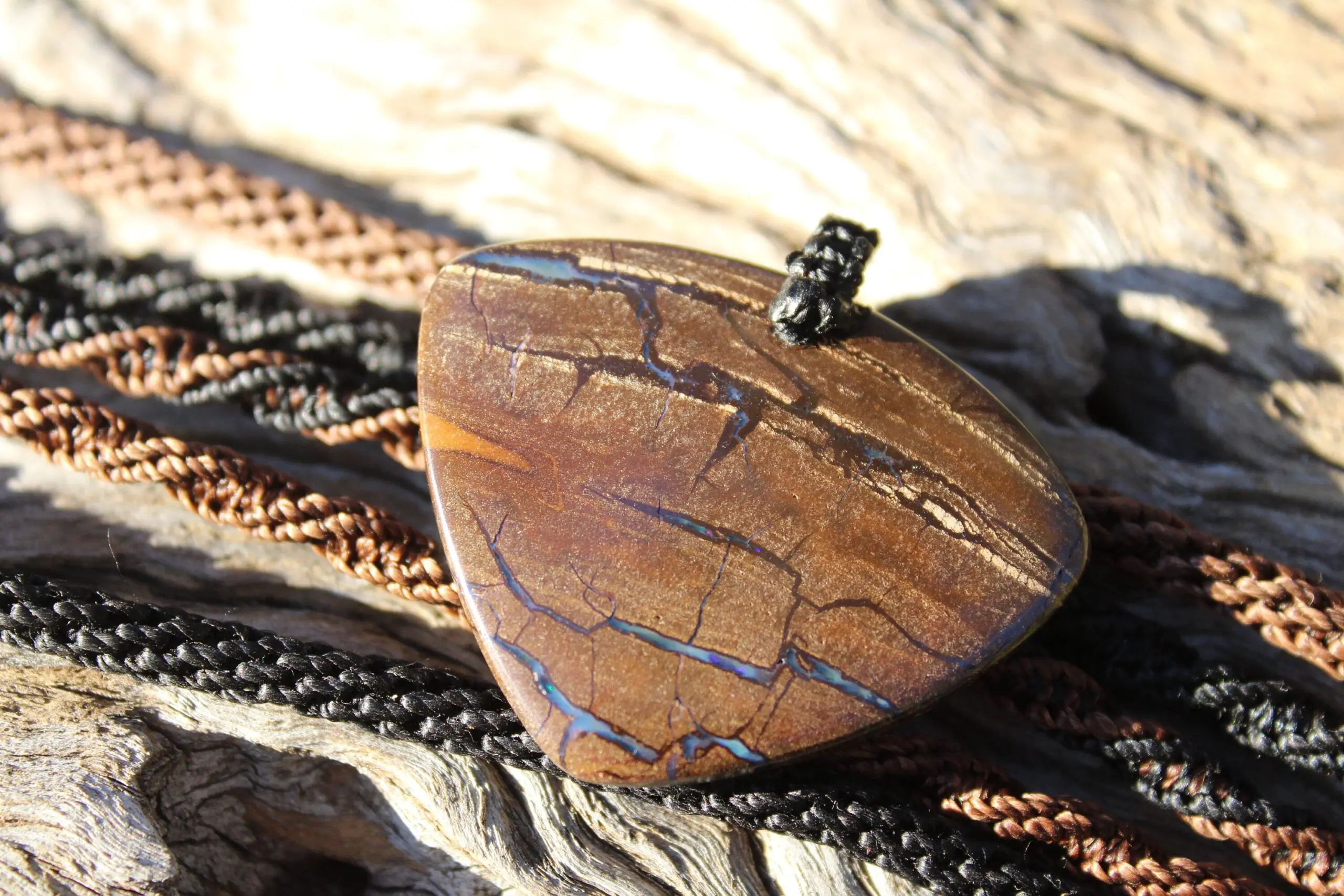 Boulder Opal Pendant. Earthy Natural Solid Opal Necklace with Macrame Cord. Custom Made Genuine Australian Opals.