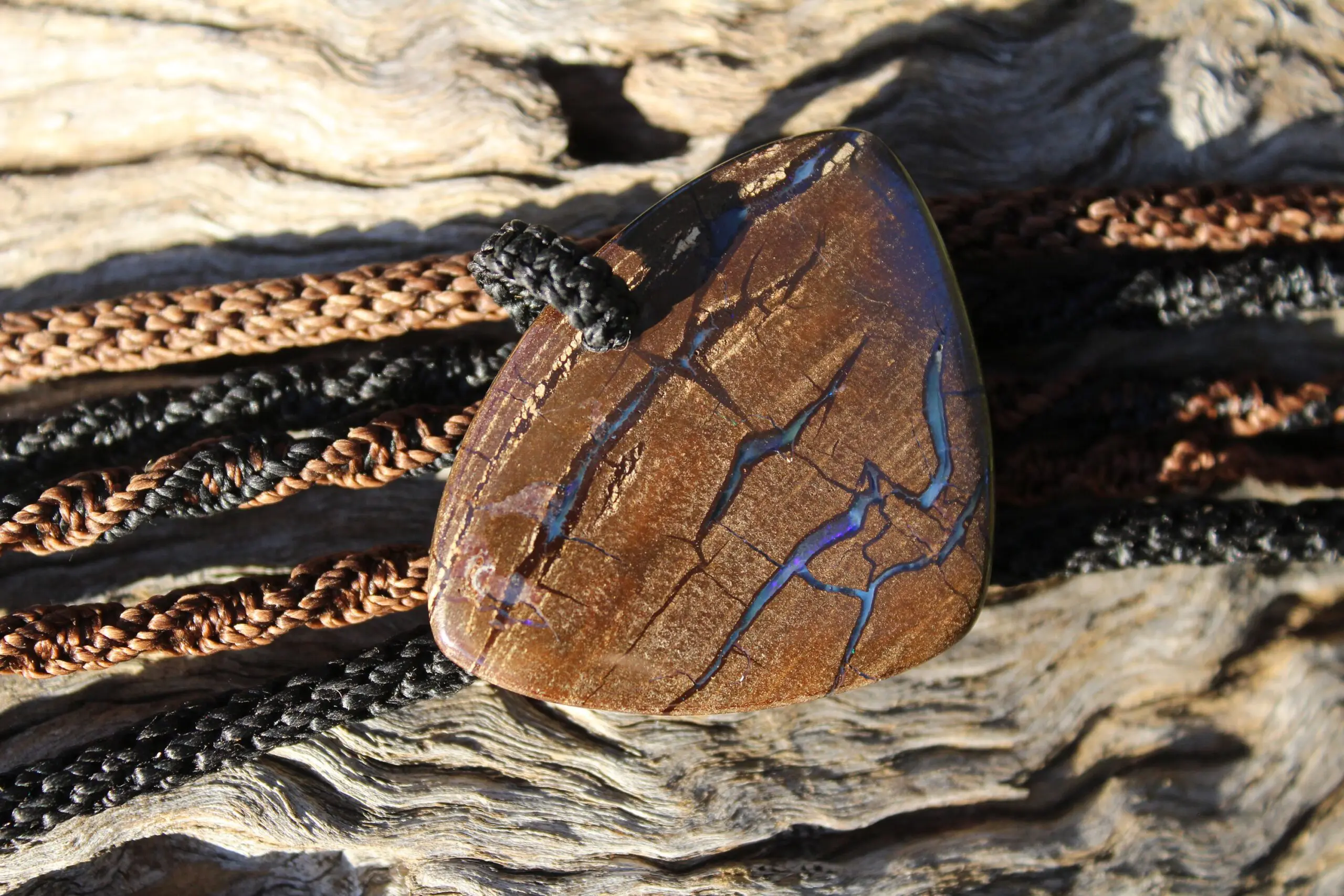 Boulder Opal Pendant. Earthy Natural Solid Opal Necklace with Macrame Cord. Custom Made Genuine Australian Opals.