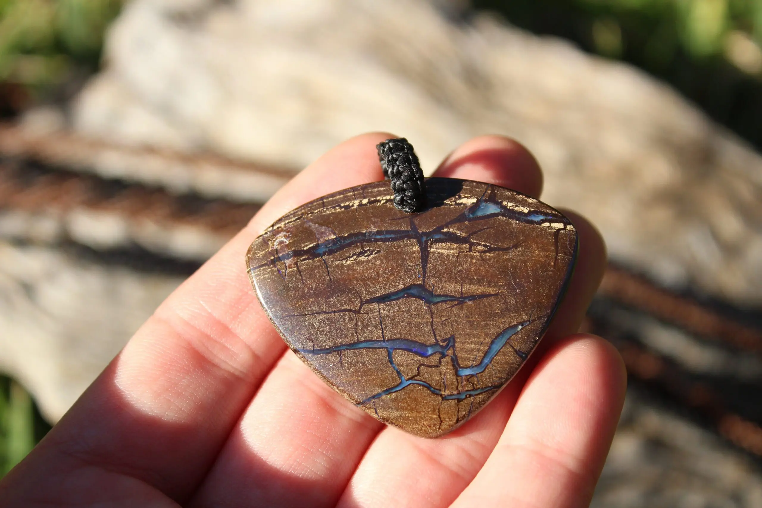 Boulder Opal Pendant. Earthy Natural Solid Opal Necklace with Macrame Cord. Custom Made Genuine Australian Opals.