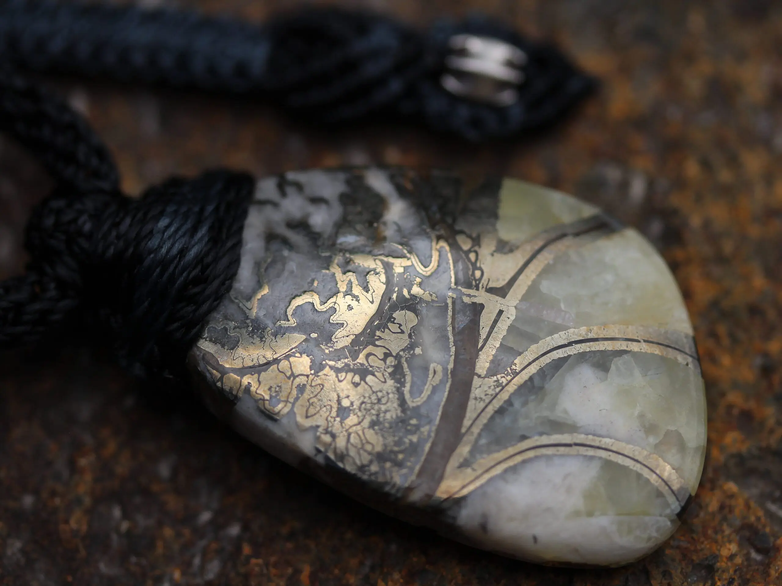 Pyrite Ammonite Calcite Necklace, Ammonite Fossil Pendant , Calcite jewelry, Australian made Macrame Cord Healing Crystal Jewelry