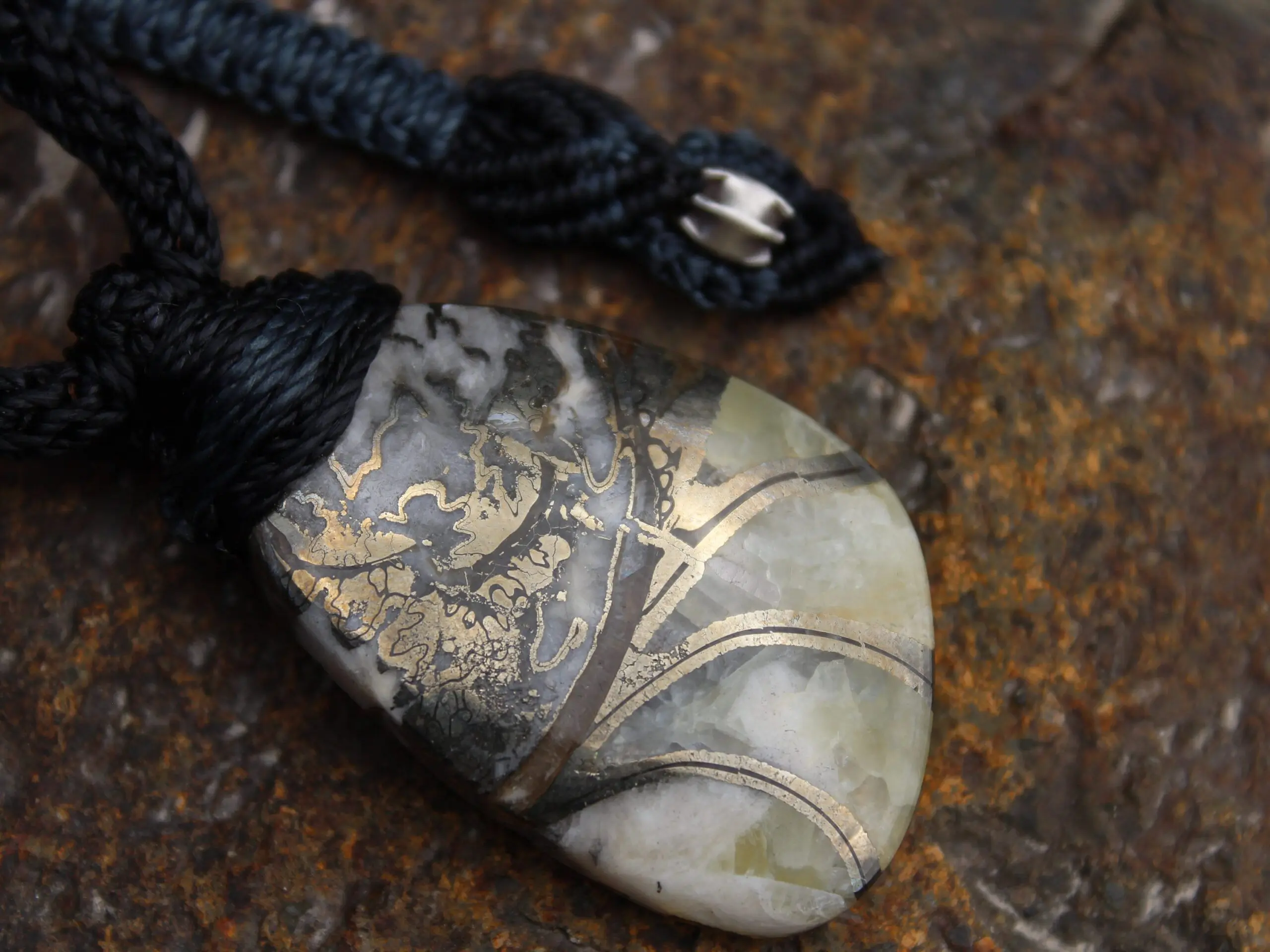 Pyrite Ammonite Calcite Necklace, Ammonite Fossil Pendant , Calcite jewelry, Australian made Macrame Cord Healing Crystal Jewelry