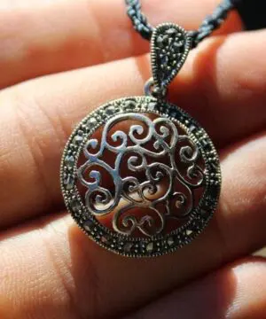 Celtic Marcasite Jewelry,Sterling Silver Pendant Necklace,Pyrite Crystal Jewelry,Shibari Macrame Cord,Art Deco,Gemstone,Elven, elf cosplay