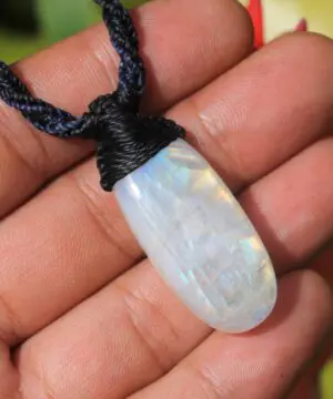 Handcrafted Elven Rainbow Moonstone Necklace, White moonstone Pendant, Macrame Cord, Natural Crystal Healing Jewelry, Statement Piece