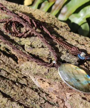 Faceted Labradorite Pendant Labrodorite Necklace Macrame Cord March Birthstone, Healing Crystal Talisman, Green stone .925 silver Necklace