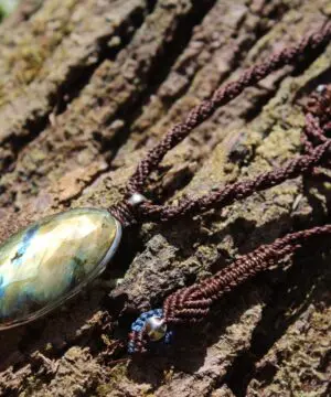 Faceted Labradorite Pendant Labrodorite Necklace Macrame Cord March Birthstone, Healing Crystal Talisman, Green stone .925 silver Necklace