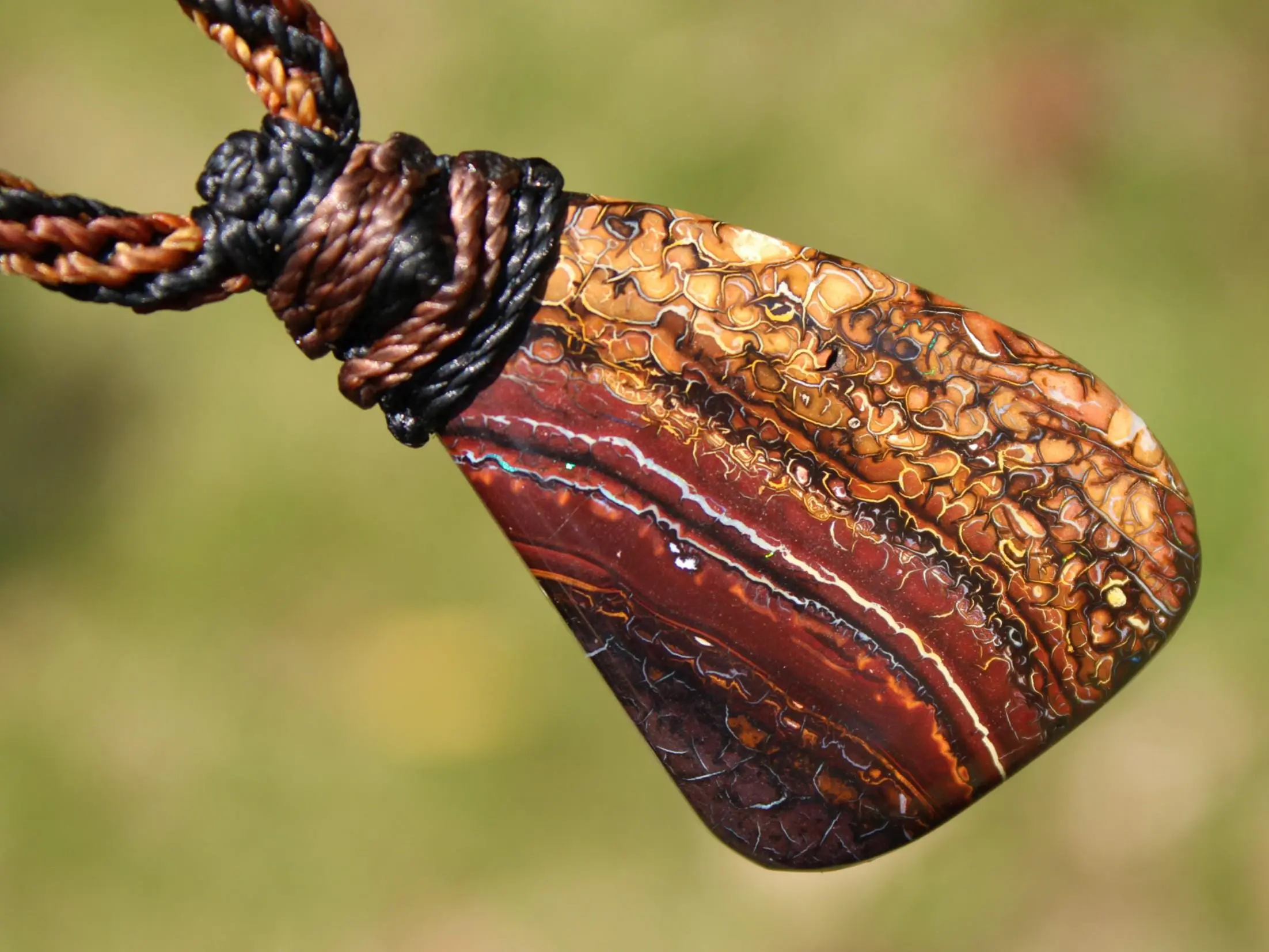 Koroit Boulder Opal Necklace • Australian Solid Opal Pendant • Hand-Polished Crystal Talisman • Australian made handwoven tropical cord
