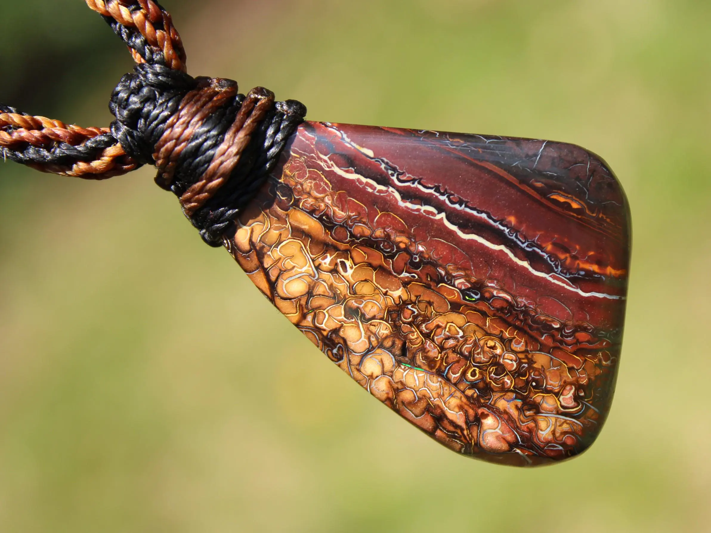 Koroit Boulder Opal Necklace • Australian Solid Opal Pendant • Hand-Polished Crystal Talisman • Australian made handwoven tropical cord