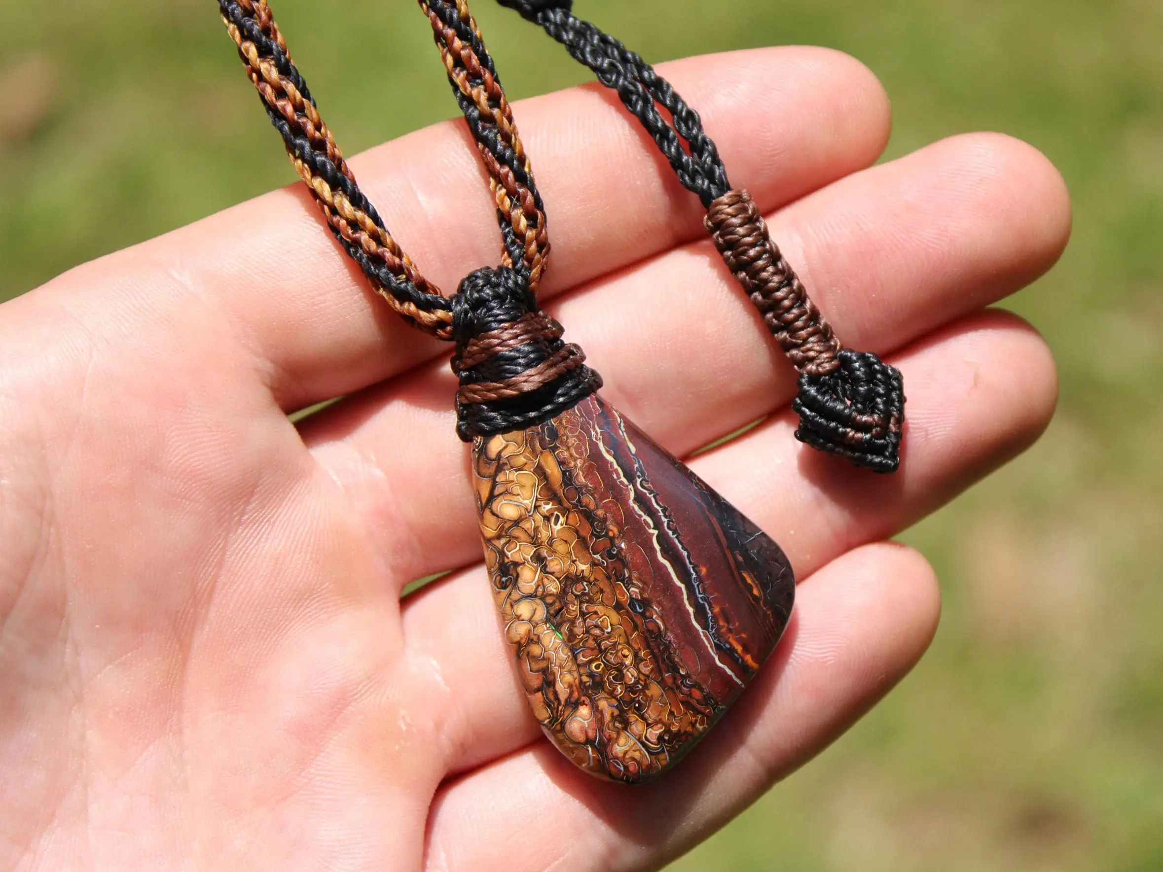 Koroit Boulder Opal Necklace • Australian Solid Opal Pendant • Hand-Polished Crystal Talisman • Australian made handwoven tropical cord