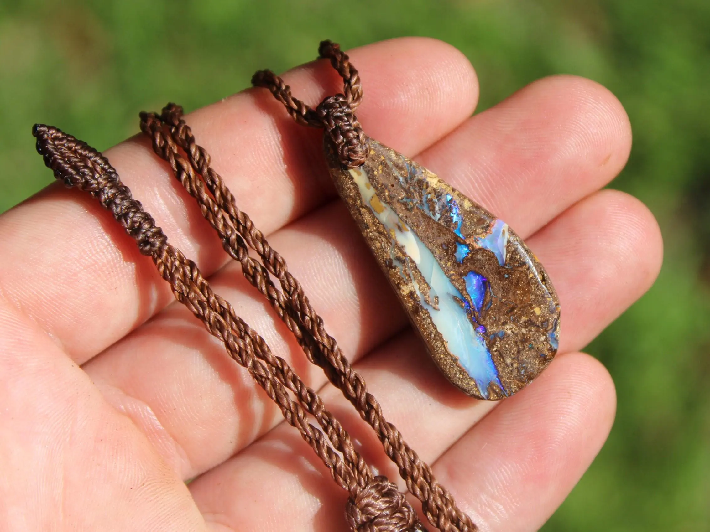 Australian Purple Boulder OPAL Pendant Necklace, Solid Boulder Opal jewelry, Australian Made Tropical Macrame Wax Cord Healing Jewelry