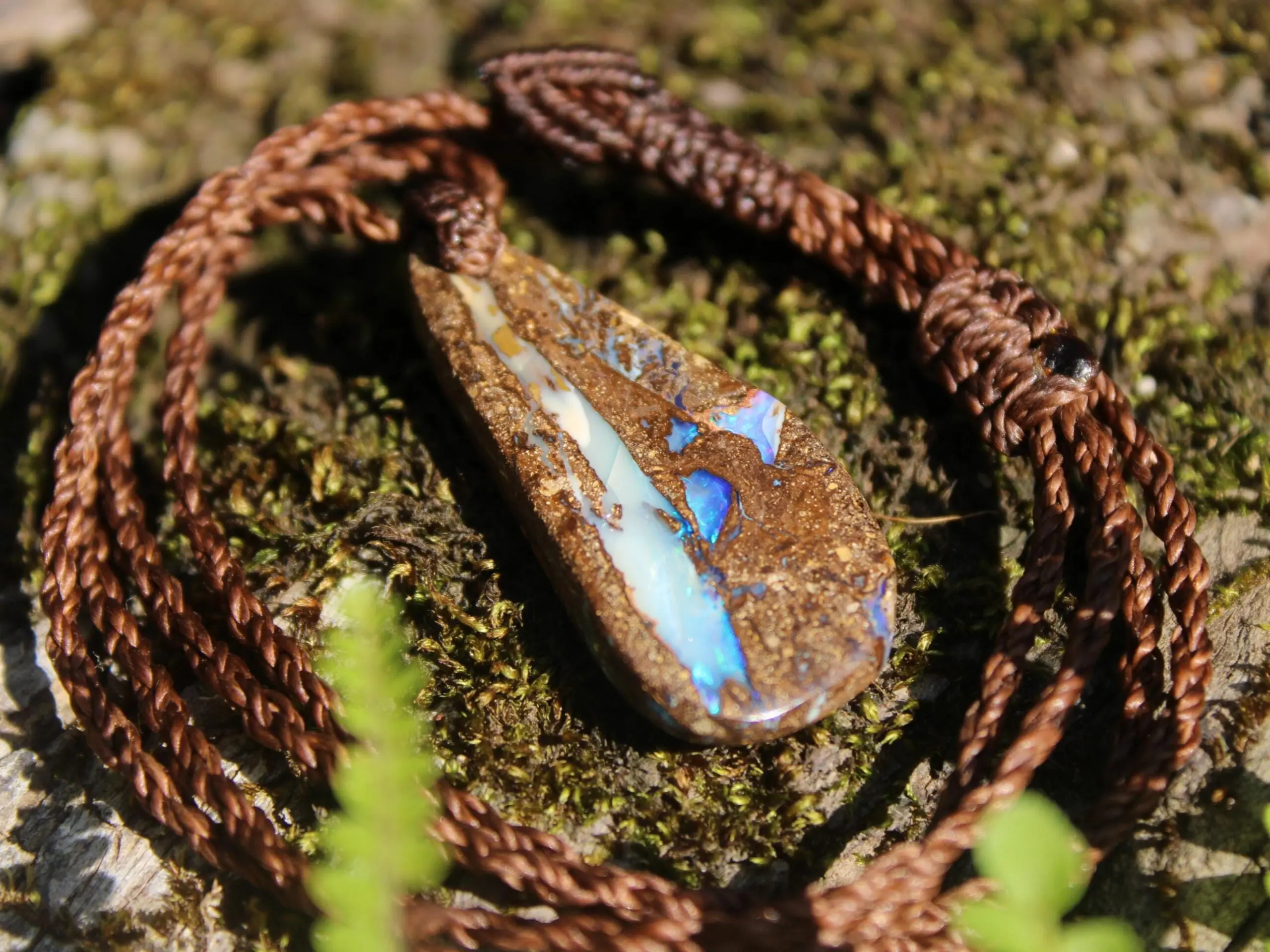 Australian Purple Boulder OPAL Pendant Necklace, Solid Boulder Opal jewelry, Australian Made Tropical Macrame Wax Cord Healing Jewelry