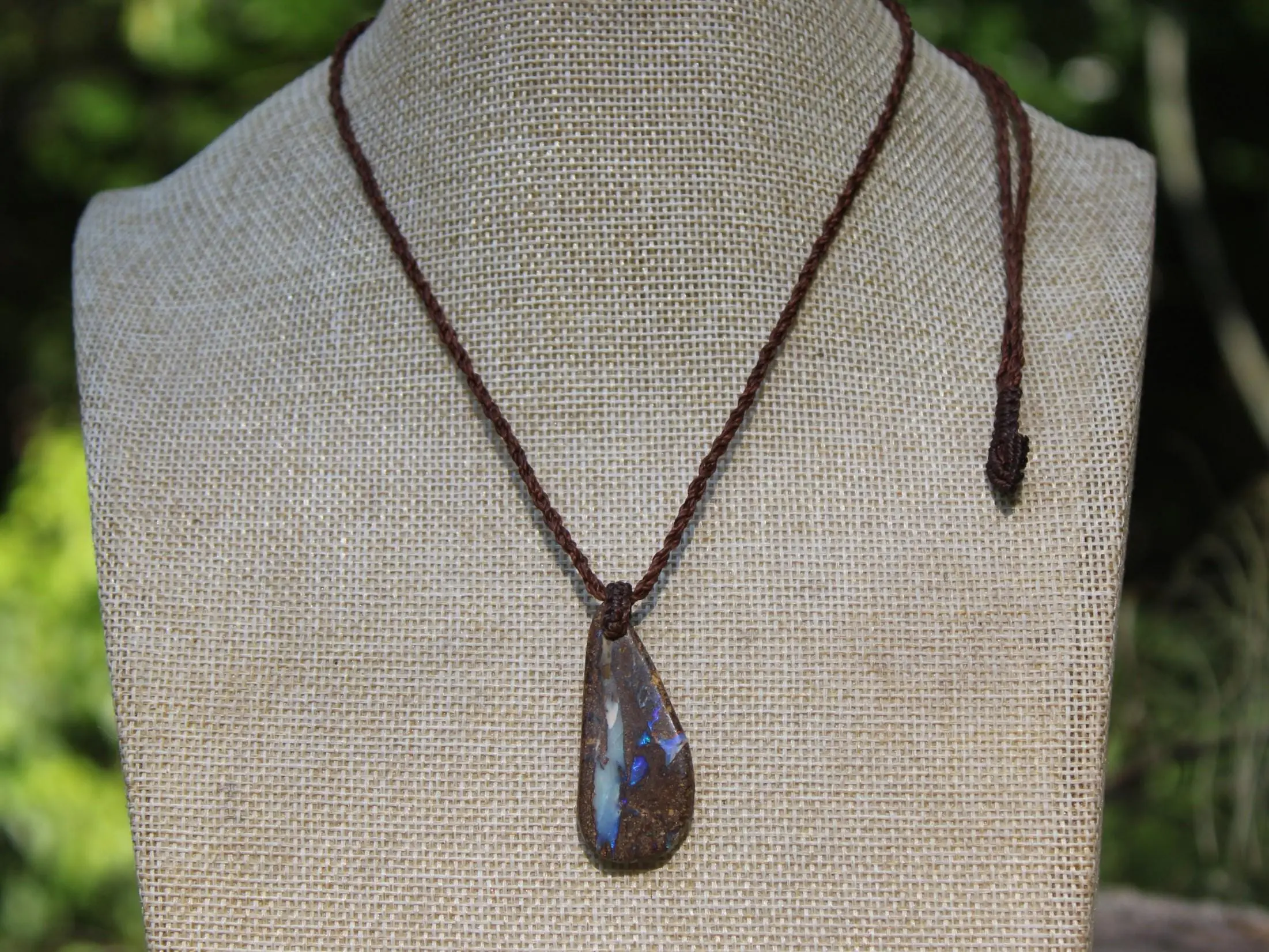 Australian Purple Boulder OPAL Pendant Necklace, Solid Boulder Opal jewelry, Australian Made Tropical Macrame Wax Cord Healing Jewelry