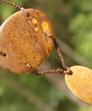 Orange Fossil Coral Necklace • Calligraphy Stone Talisman • Handmade Healing Jewelry • Australian handmade, handwoven tropical Cord Pendant